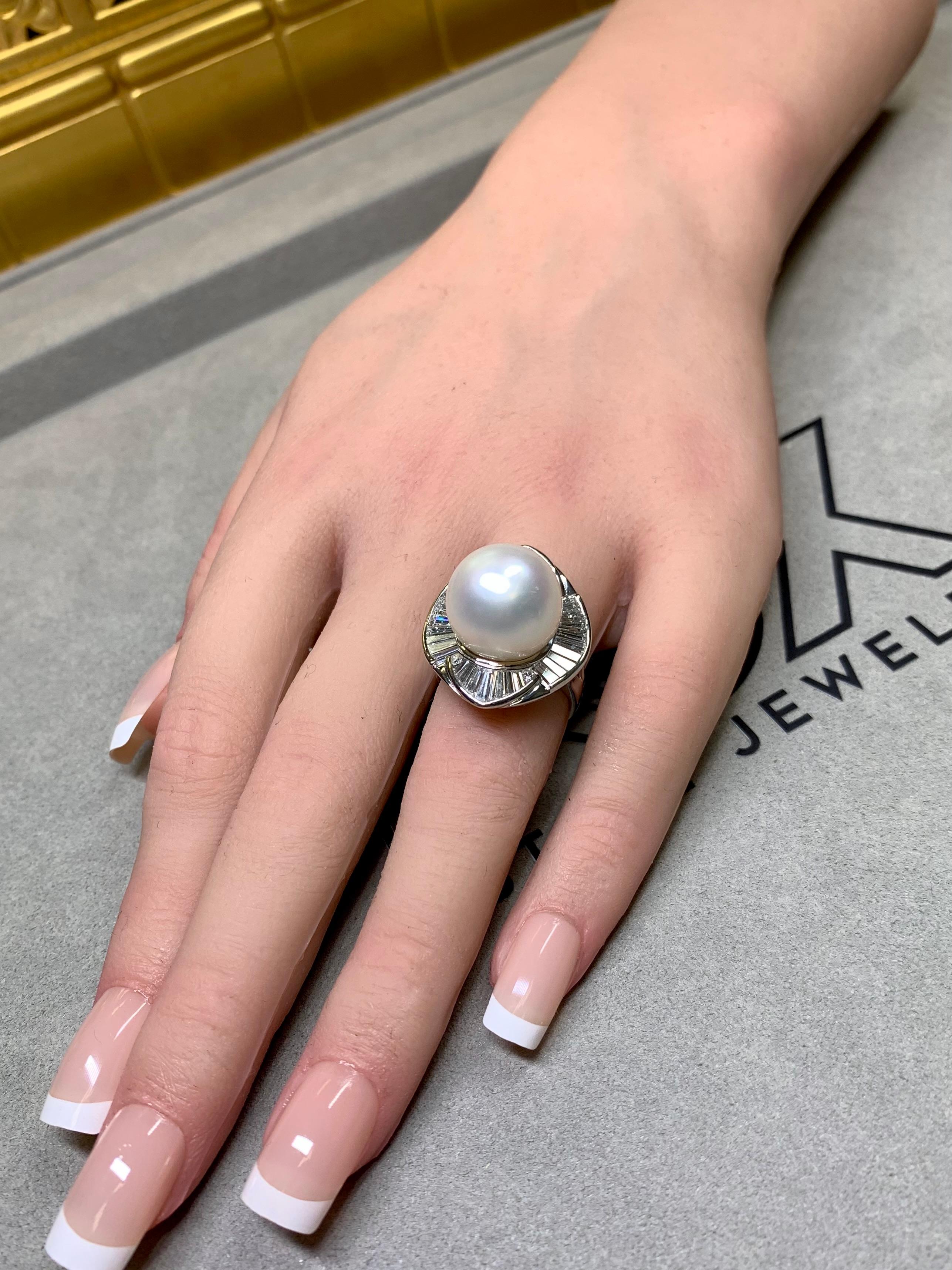 Estate Platinum 14mm South Sea Pearl Baguette Round Diamond Large Cocktail Ring For Sale 5