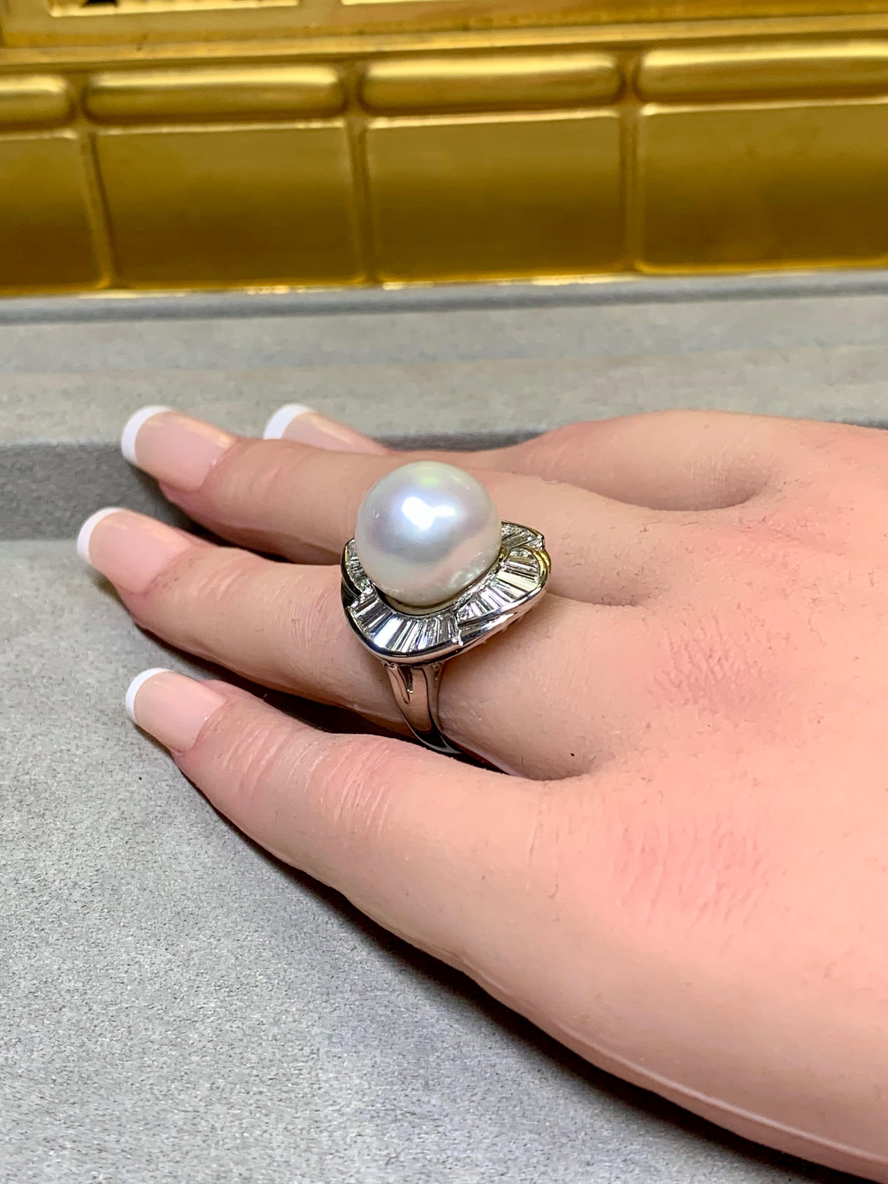 Estate Platinum 14mm South Sea Pearl Baguette Round Diamond Large Cocktail Ring For Sale 6
