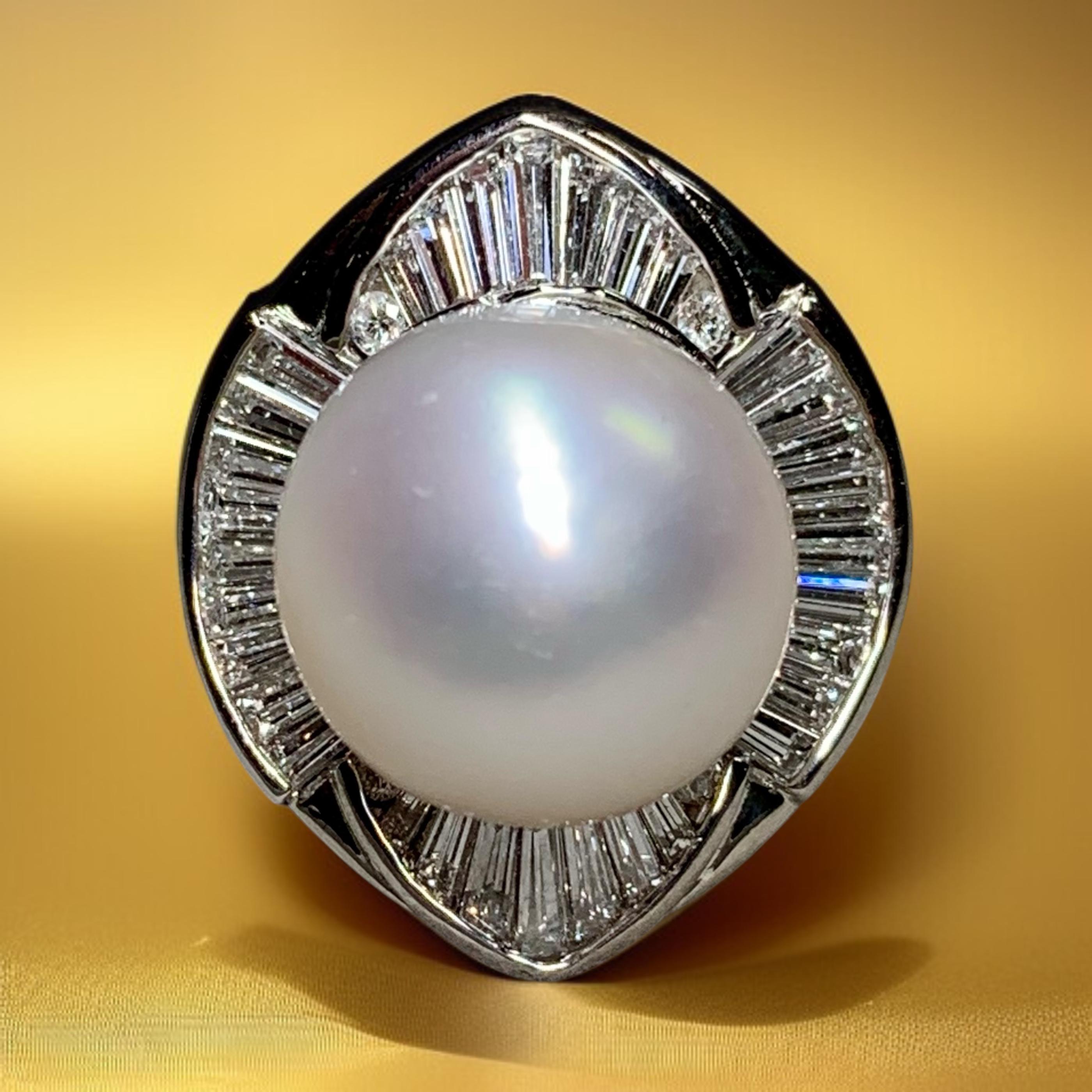 Estate Platinum 14mm South Sea Pearl Baguette Round Diamond Large Cocktail Ring For Sale 7