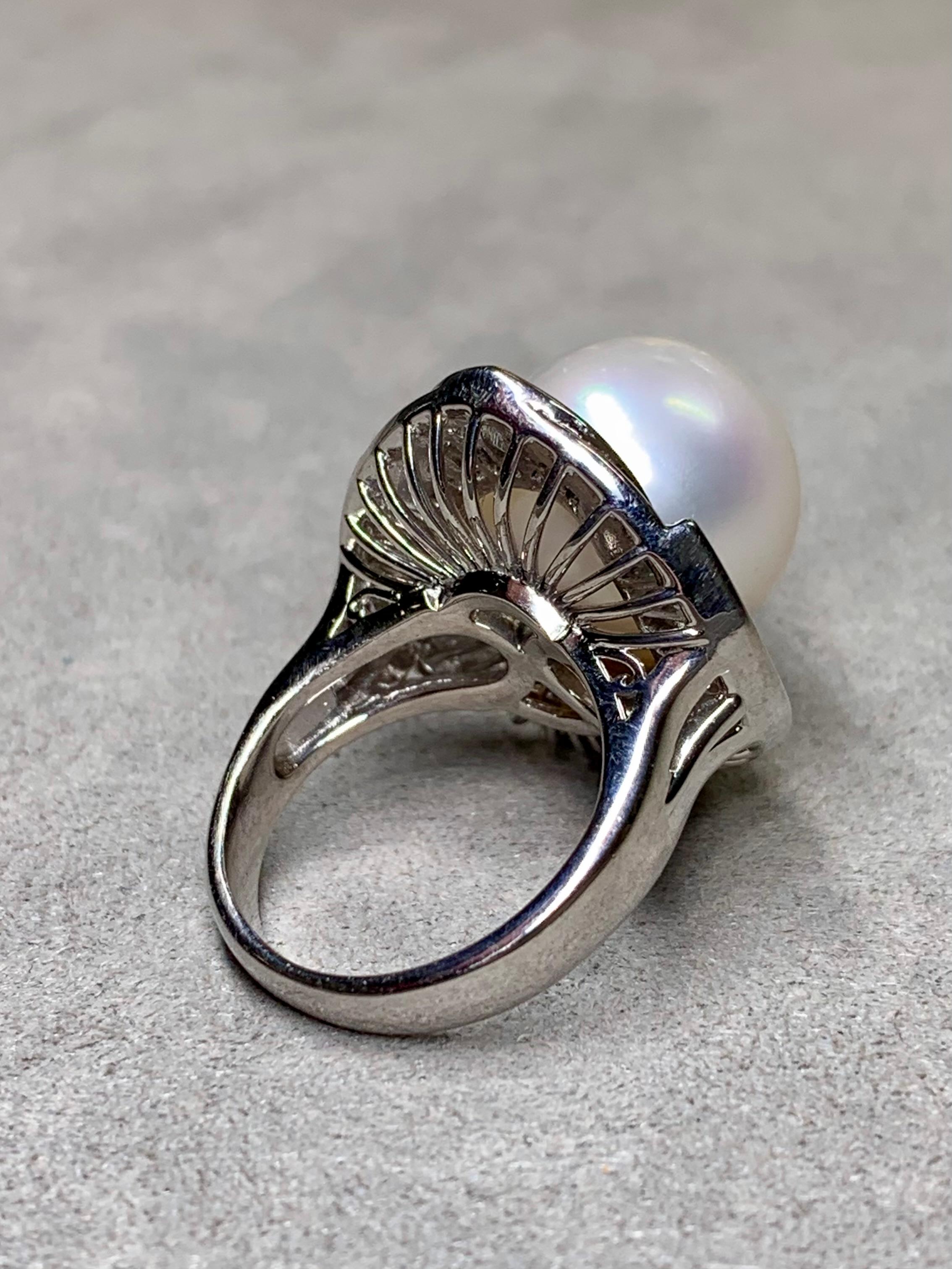 Contemporary Estate Platinum 14mm South Sea Pearl Baguette Round Diamond Large Cocktail Ring For Sale