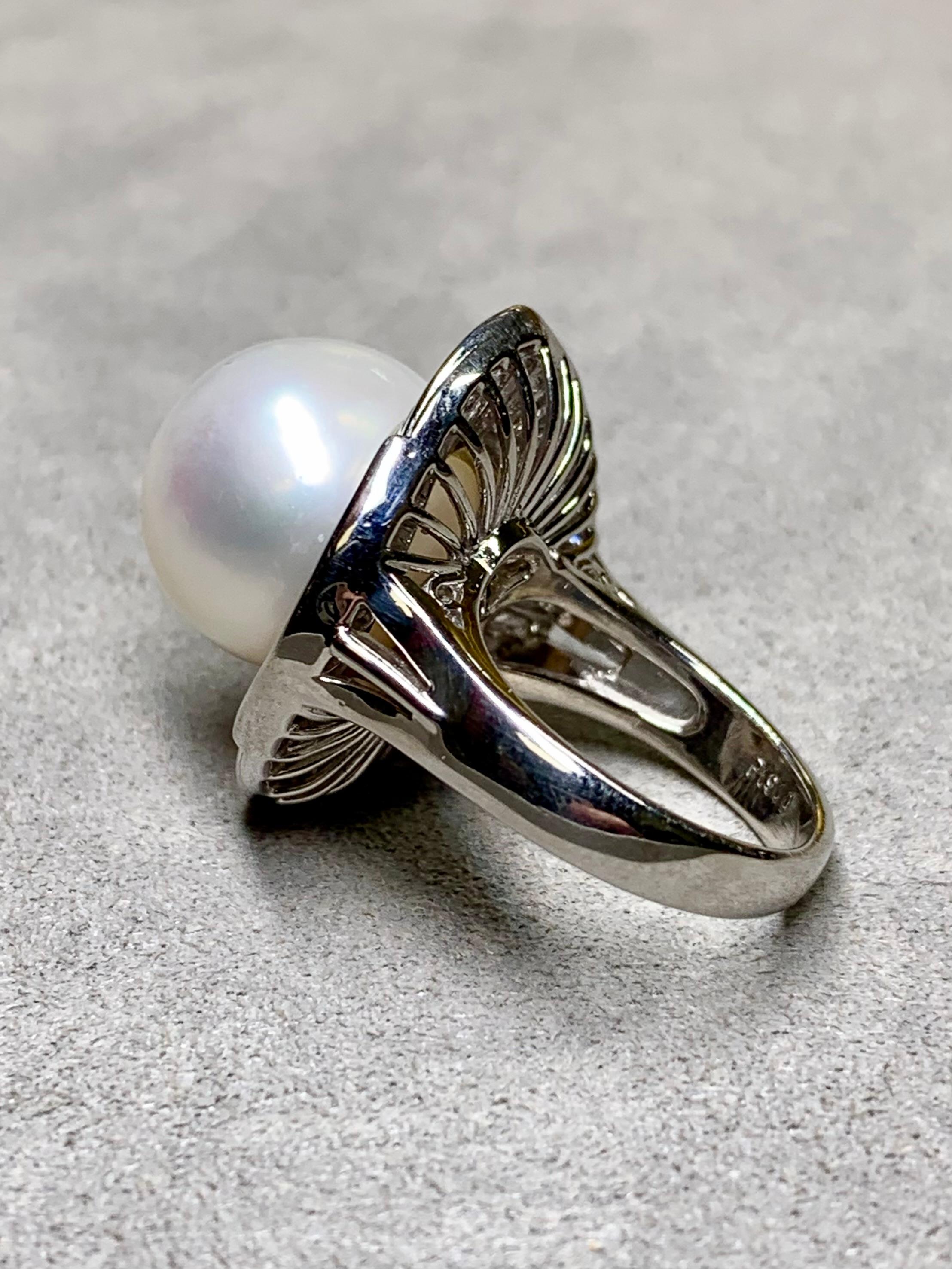 Baguette Cut Estate Platinum 14mm South Sea Pearl Baguette Round Diamond Large Cocktail Ring For Sale