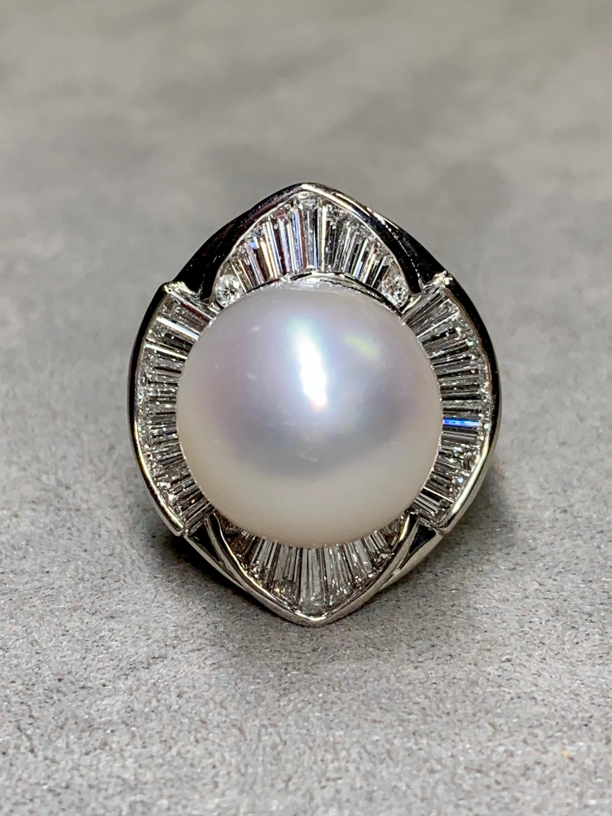 Women's or Men's Estate Platinum 14mm South Sea Pearl Baguette Round Diamond Large Cocktail Ring For Sale