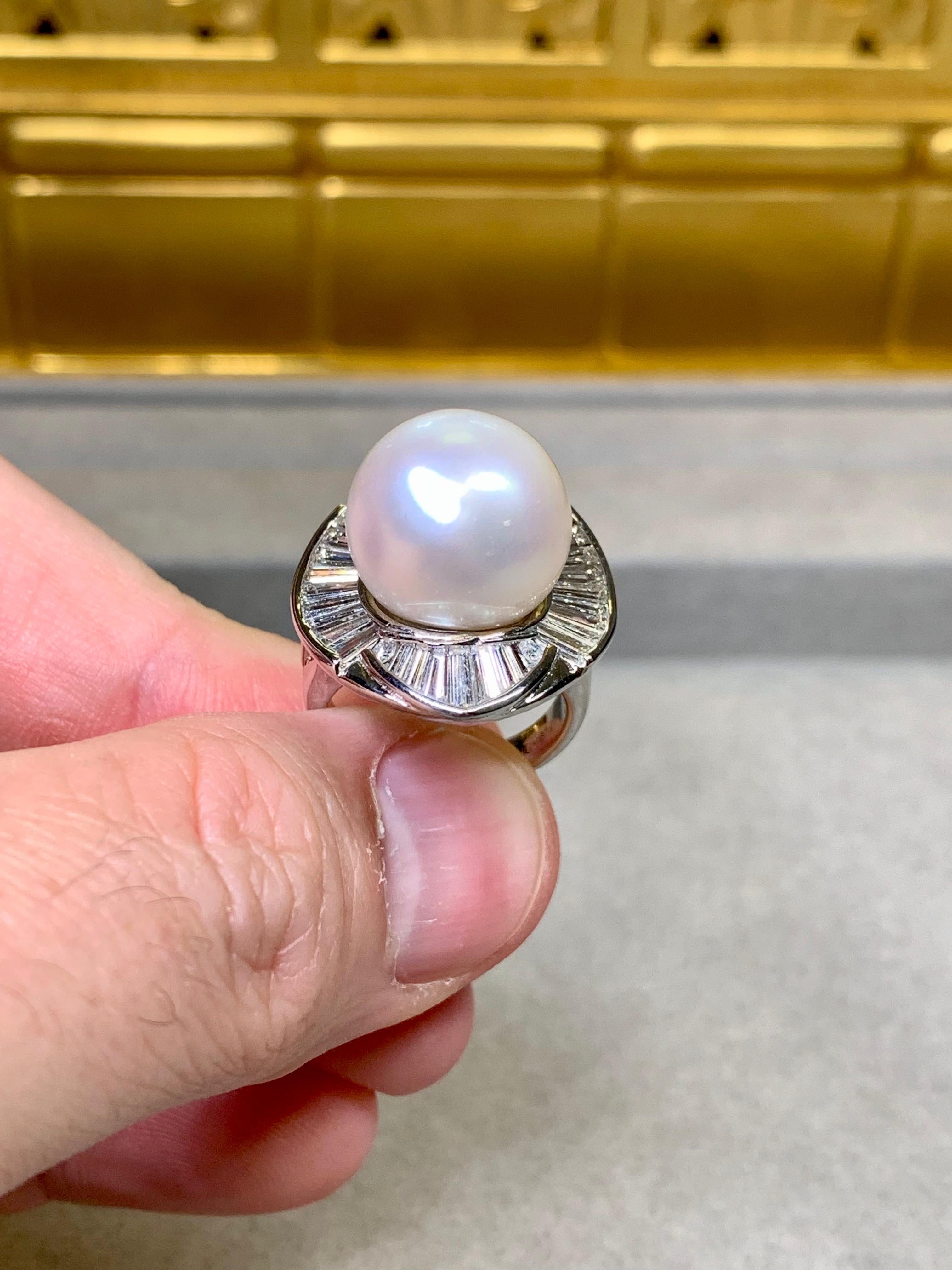 Estate Platinum 14mm South Sea Pearl Baguette Round Diamond Large Cocktail Ring For Sale 2