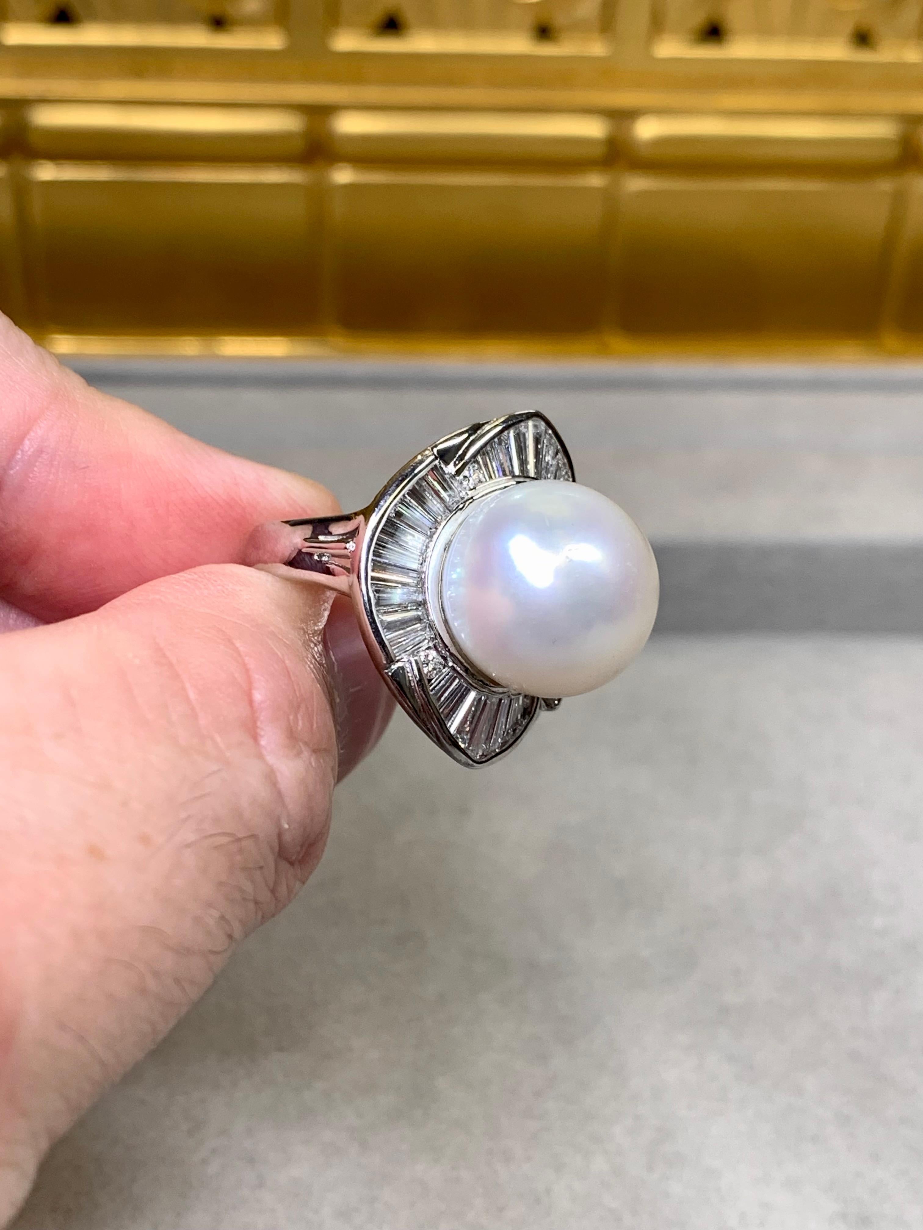 Estate Platinum 14mm South Sea Pearl Baguette Round Diamond Large Cocktail Ring For Sale 3