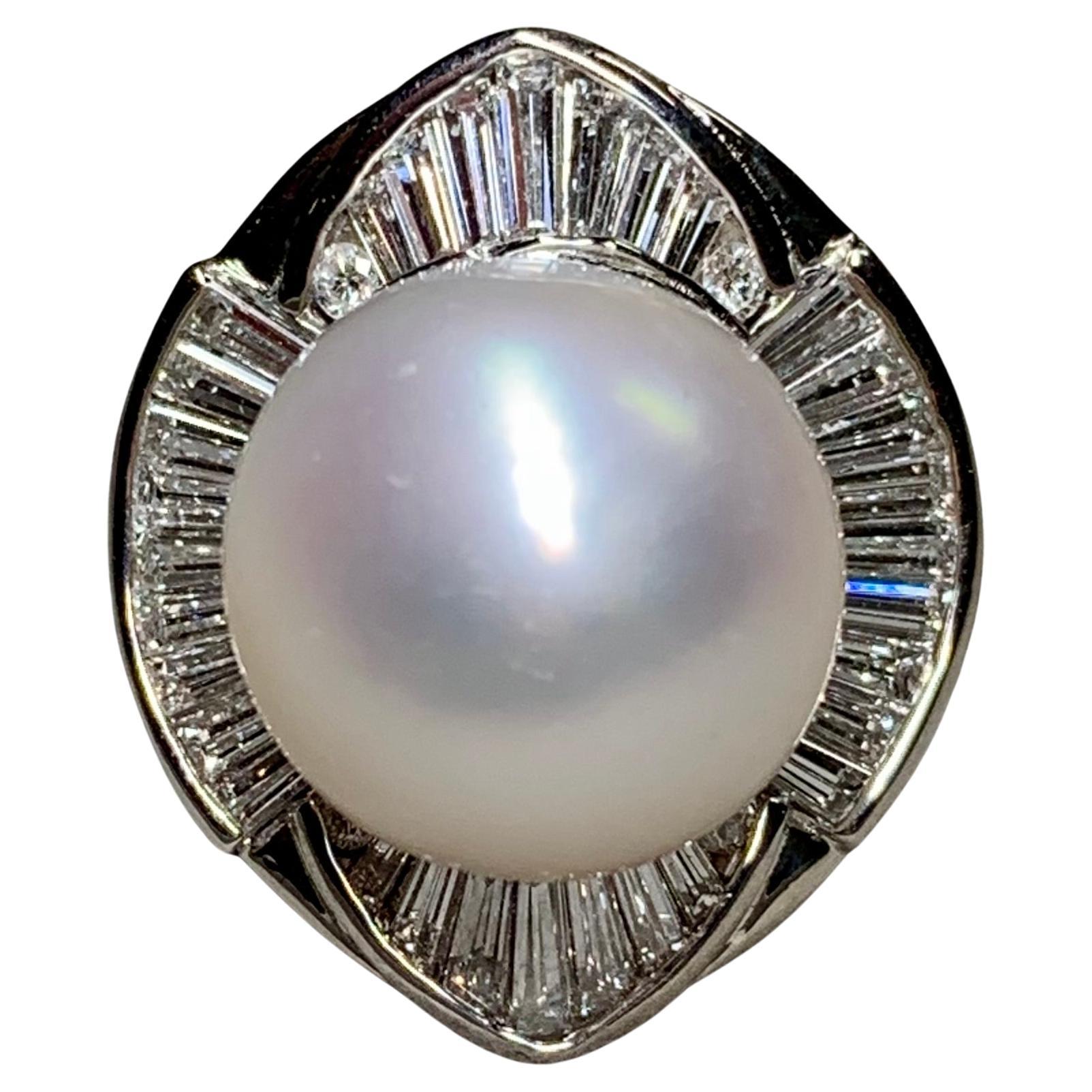 Estate Platinum 14mm Perla dei mari del sud Baguette Diamante rotondo Grande Anello Cocktail