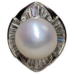 Estate Platinum 14mm Perla dei mari del sud Baguette Diamante rotondo Grande Anello Cocktail