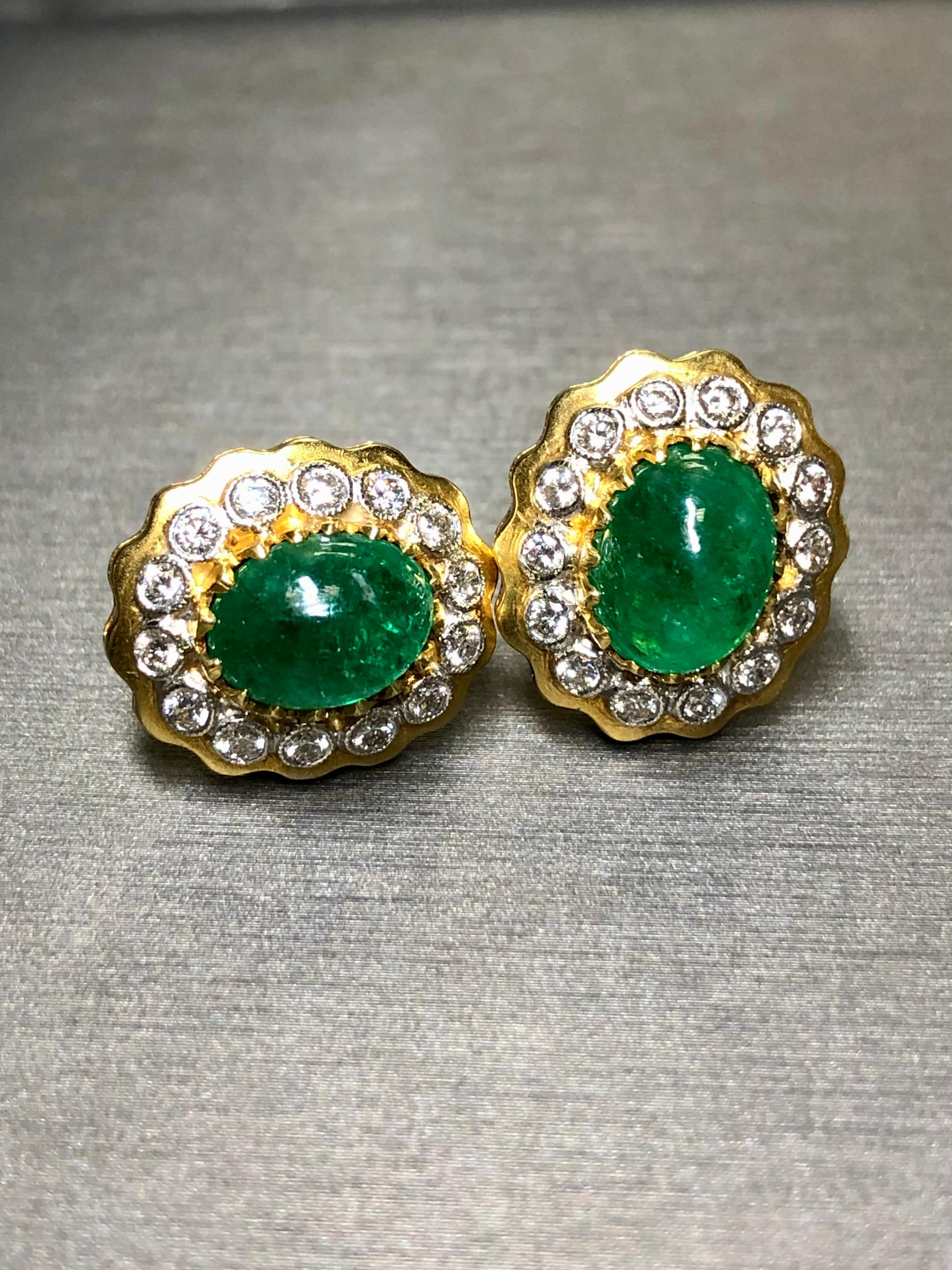 Estate Platinum & 18K Cabochon Emerald Diamond Earrings 9.40cttw G Vs For Sale 6