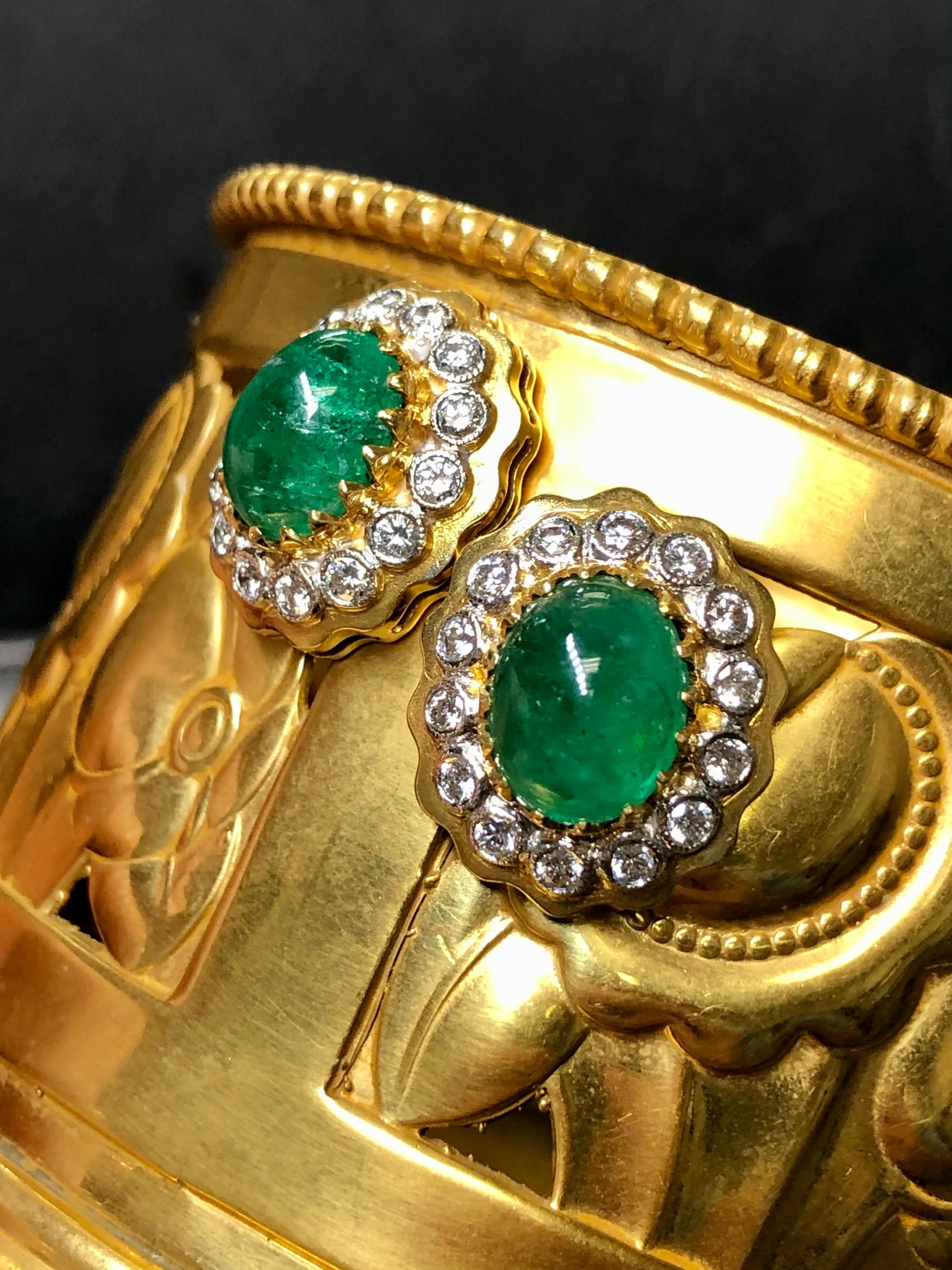 Contemporary Estate Platinum & 18K Cabochon Emerald Diamond Earrings 9.40cttw G Vs For Sale