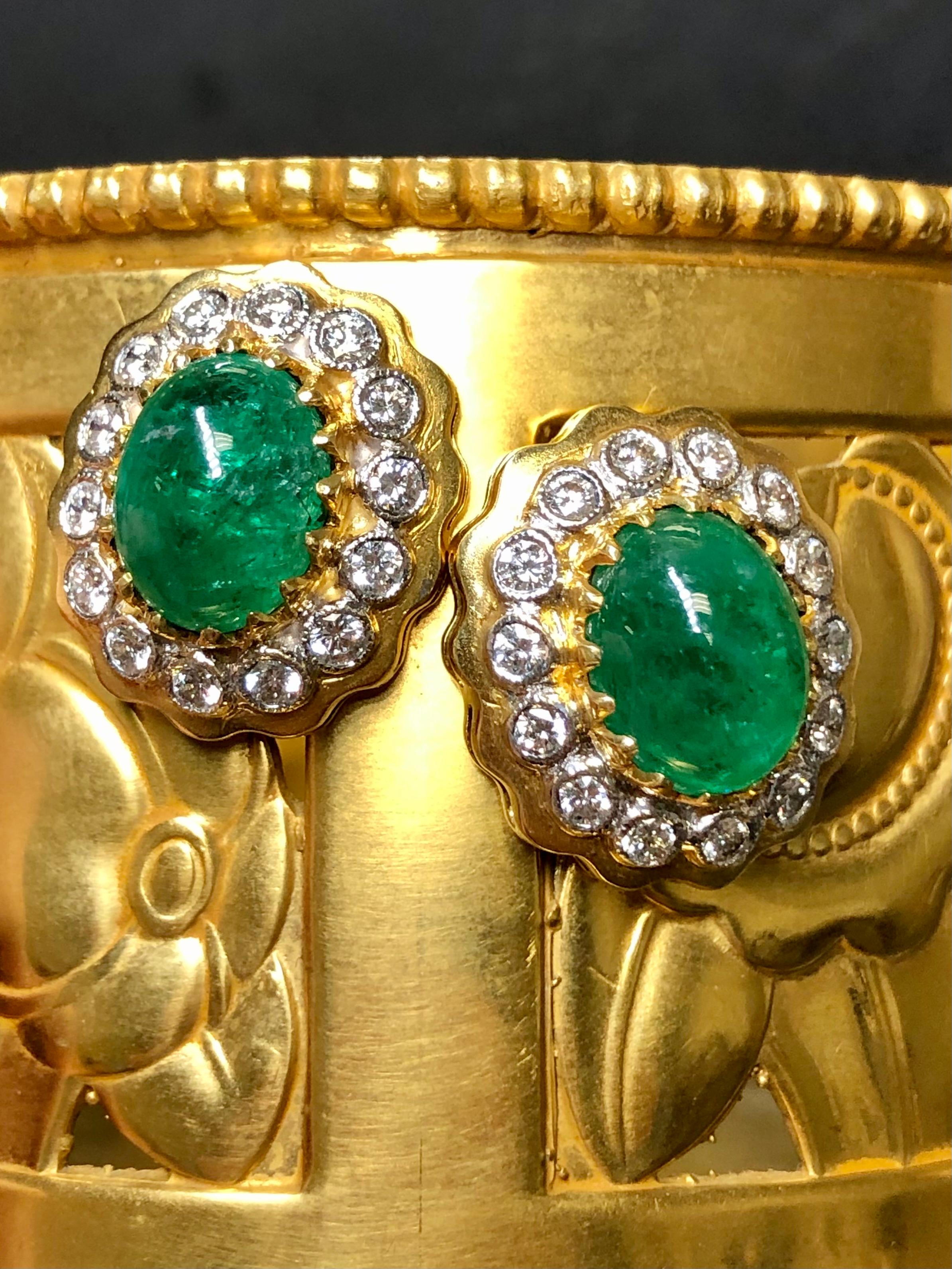 Estate Platinum & 18K Cabochon Emerald Diamond Earrings 9.40cttw G Vs In Good Condition For Sale In Winter Springs, FL