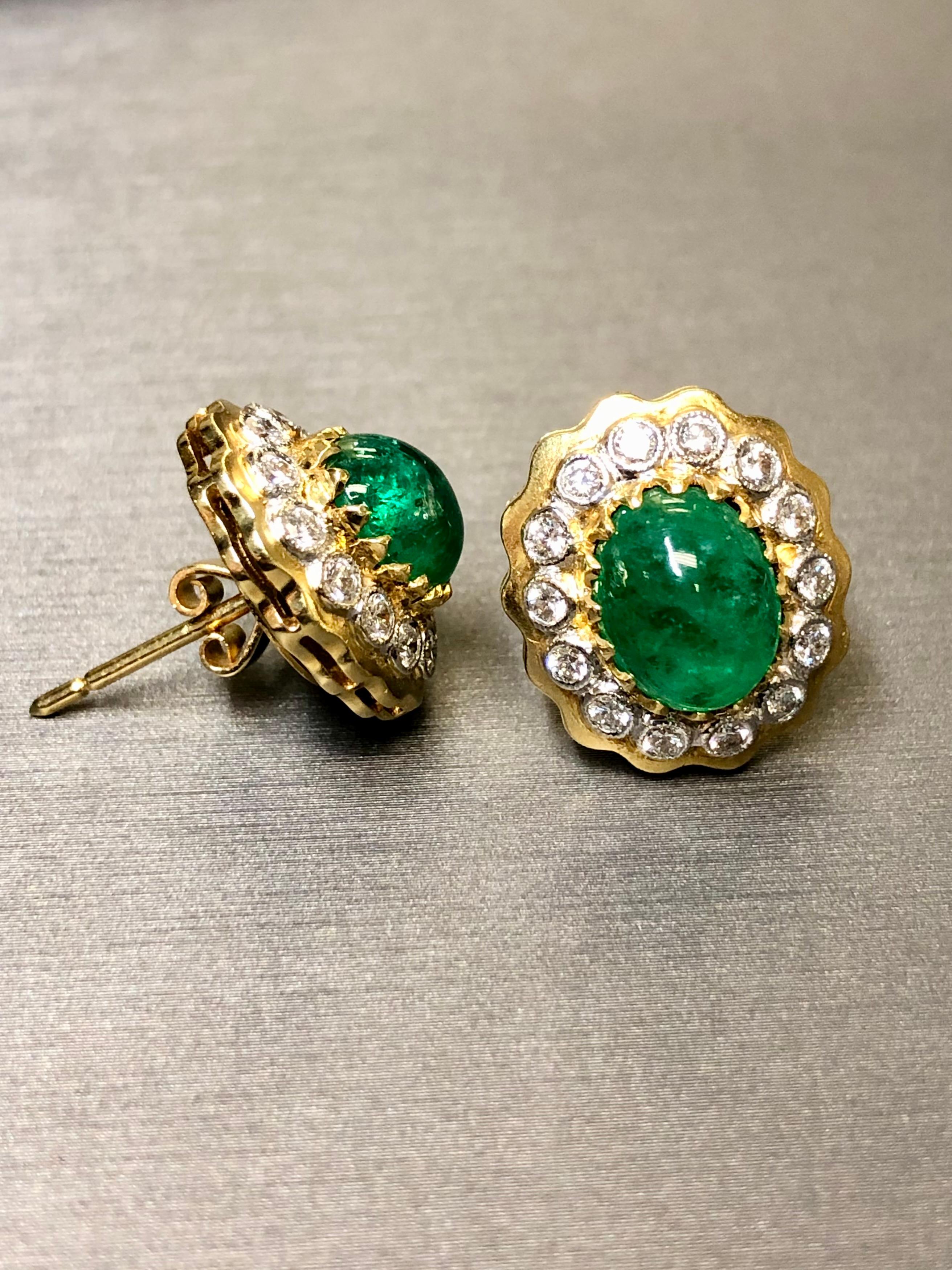 Estate Platinum & 18K Cabochon Emerald Diamond Earrings 9.40cttw G Vs For Sale 1