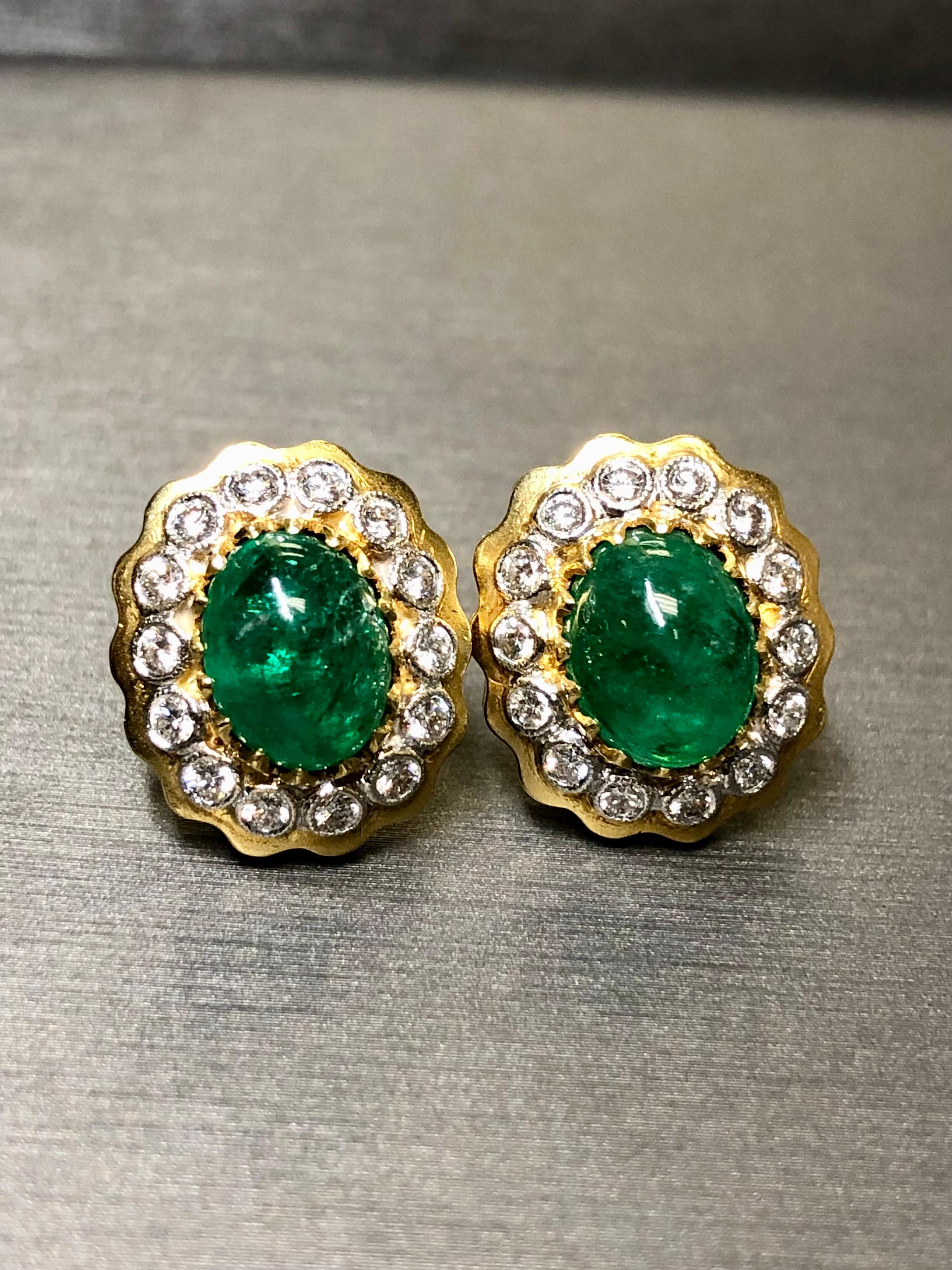 Estate Platinum & 18K Cabochon Emerald Diamond Earrings 9.40cttw G Vs For Sale 2