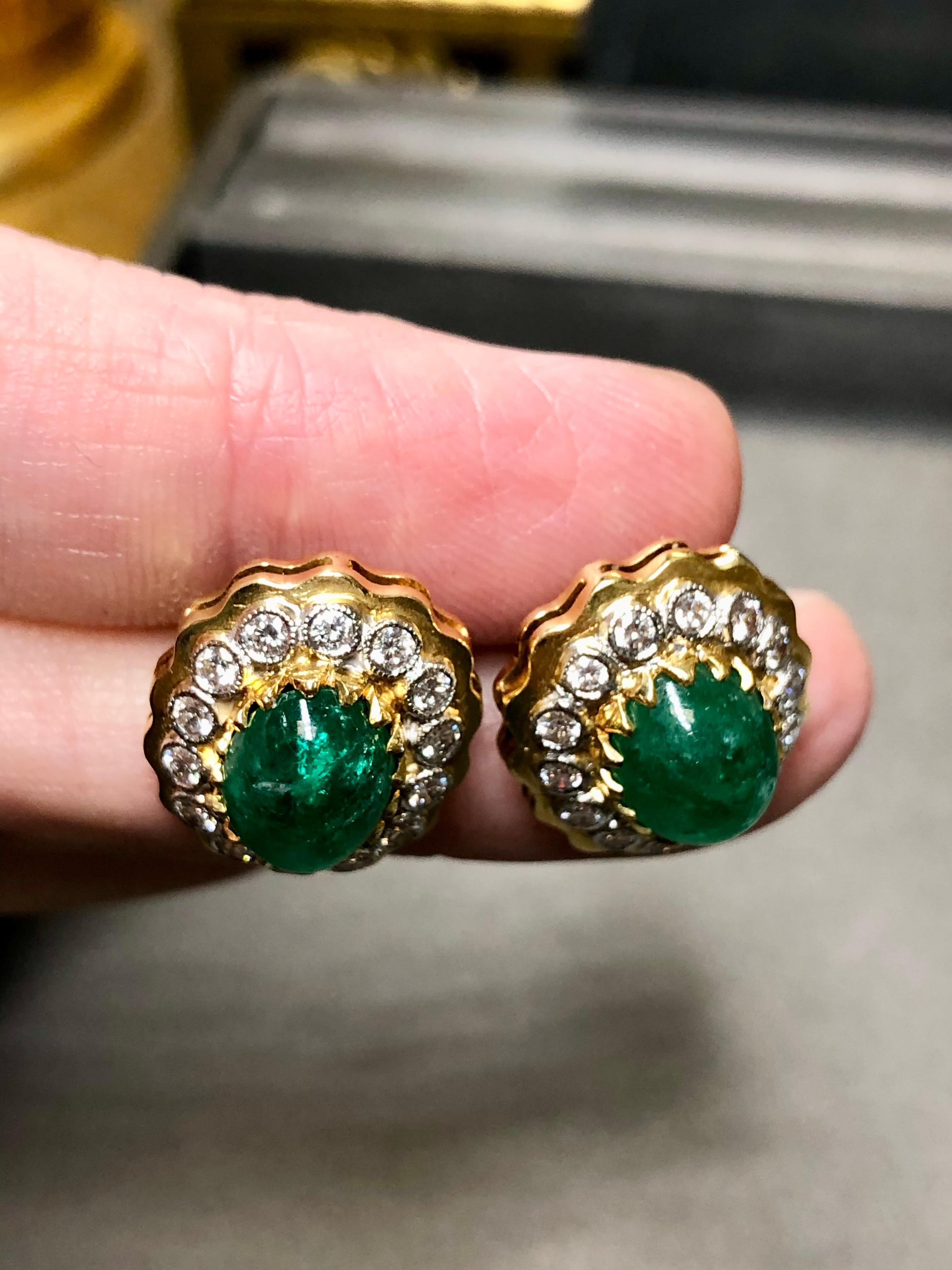 Estate Platinum & 18K Cabochon Emerald Diamond Earrings 9.40cttw G Vs For Sale 3