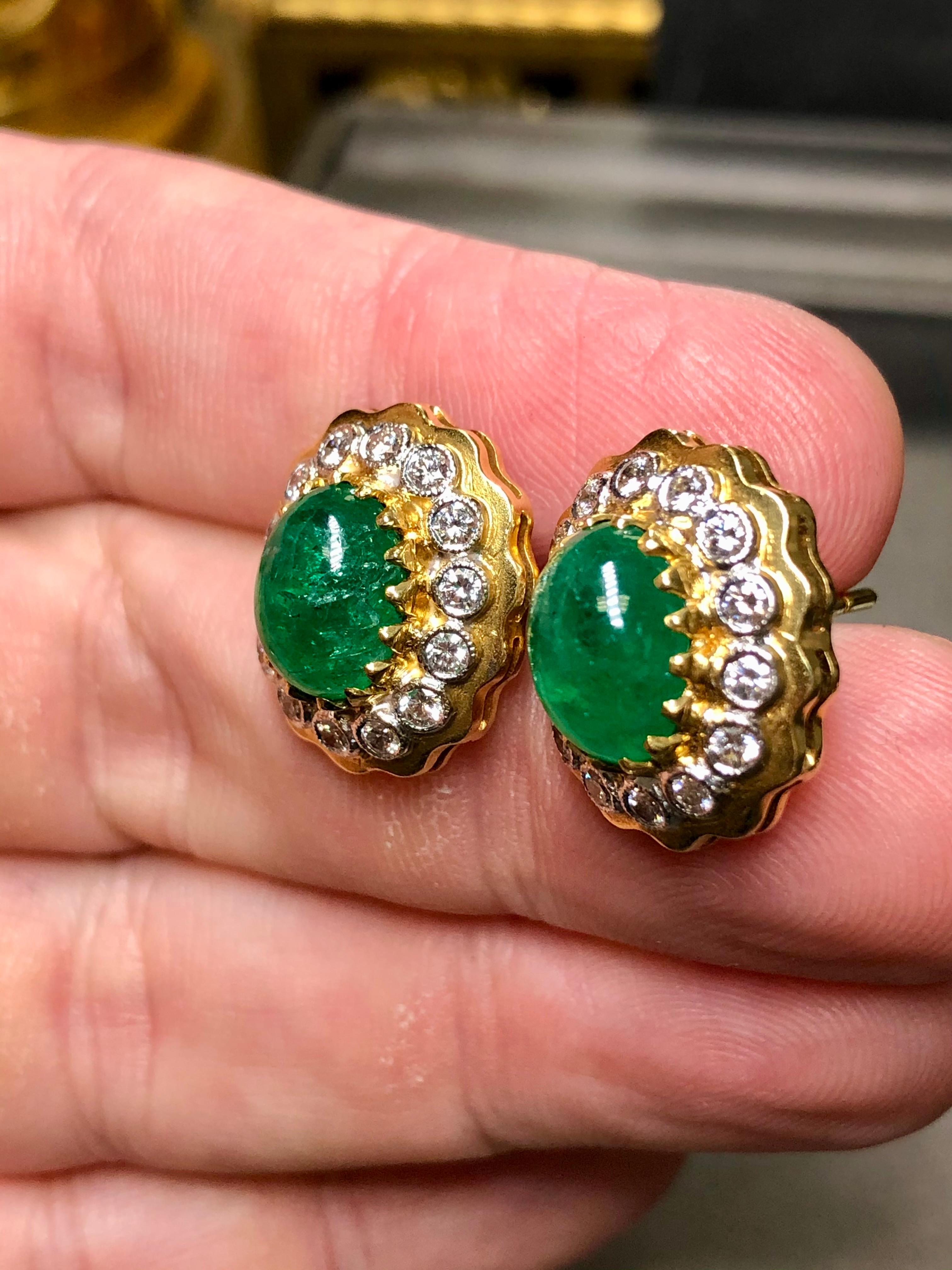 Estate Platinum & 18K Cabochon Emerald Diamond Earrings 9.40cttw G Vs For Sale 4