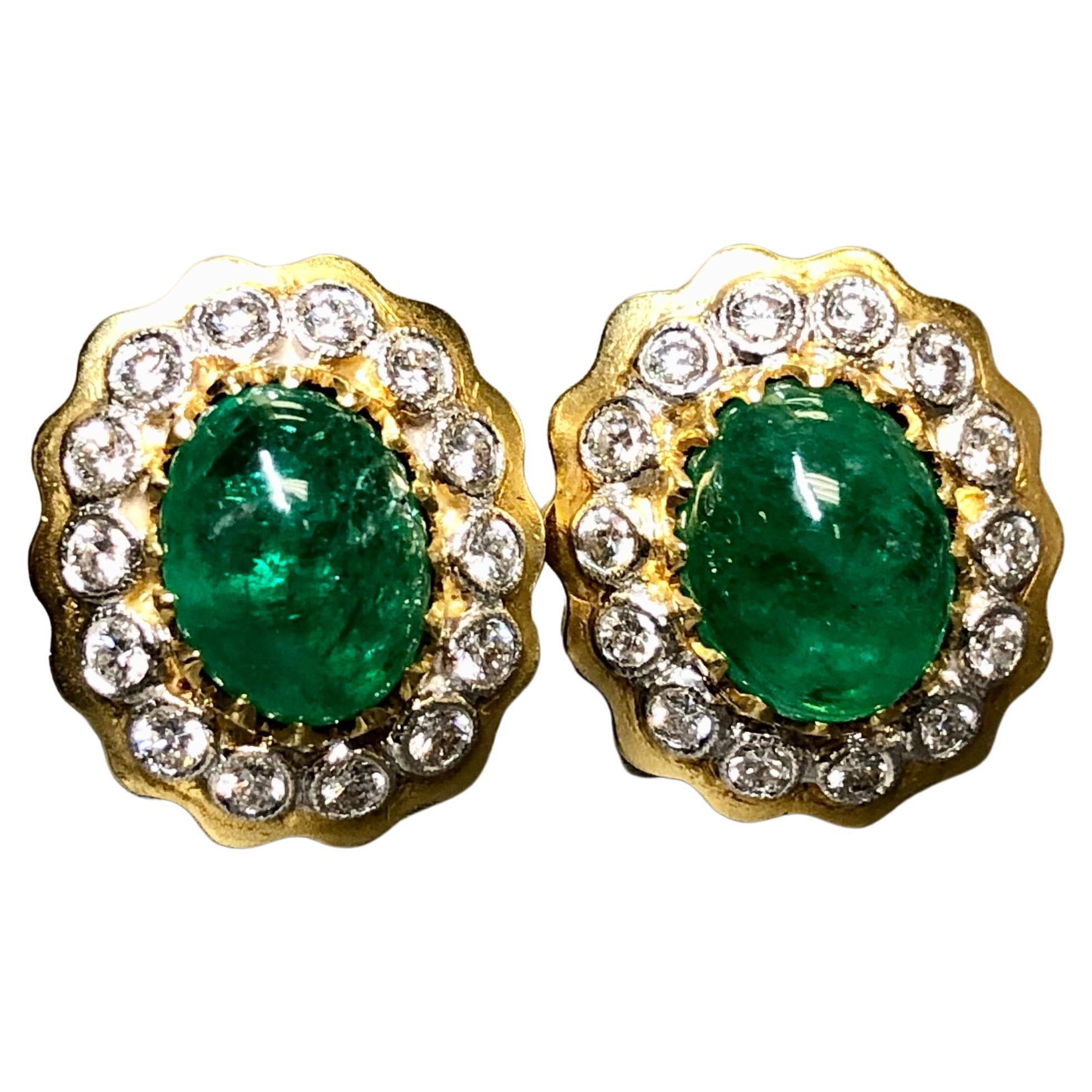 Estate Platinum & 18K Cabochon Emerald Diamond Earrings 9.40cttw G Vs