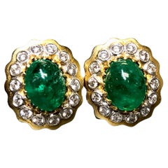 Retro Estate Platinum & 18K Cabochon Emerald Diamond Earrings 9.40cttw G Vs