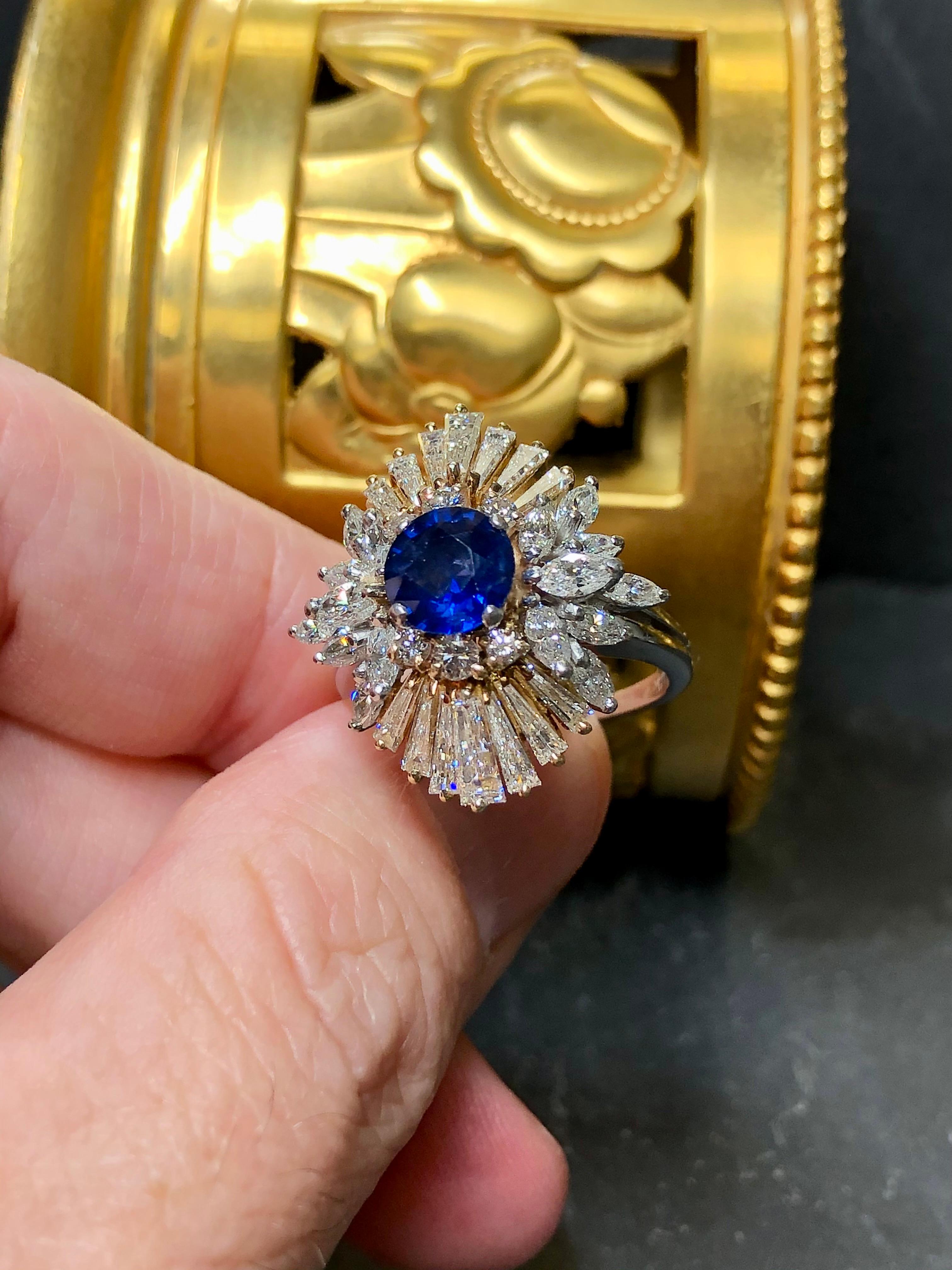 Estate Platinum 18K Ceylon Sapphire Baguette Marquise Diamond Cocktail Ring GIA In Good Condition For Sale In Winter Springs, FL