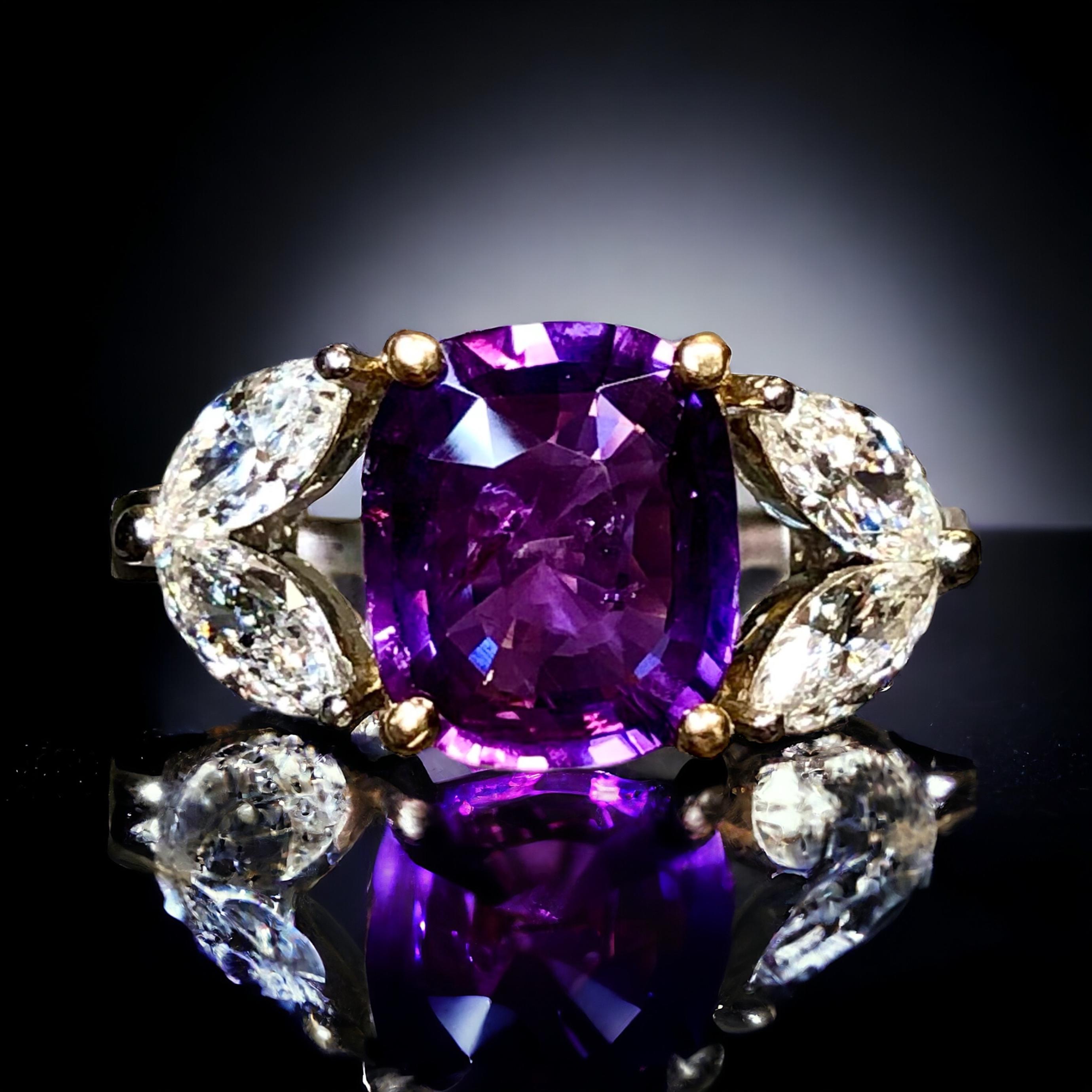 Estate Platino 18k GIA Sin Calor Cushion Zafiro Púrpura Anillo de Diamantes en venta 6
