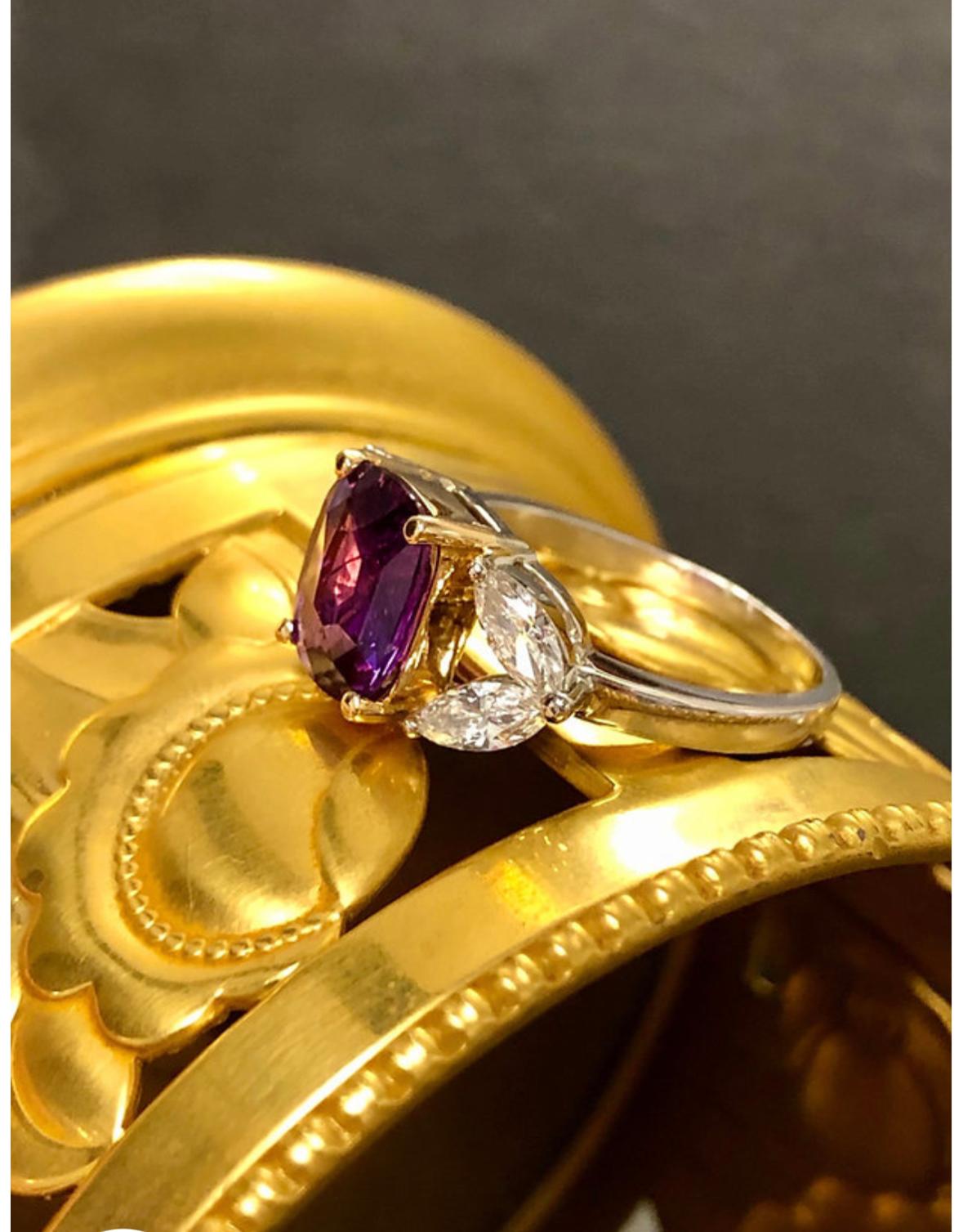 Cushion Cut Estate Platinum 18k GIA No Heat Cushion Purple Sapphire Diamond Ring For Sale