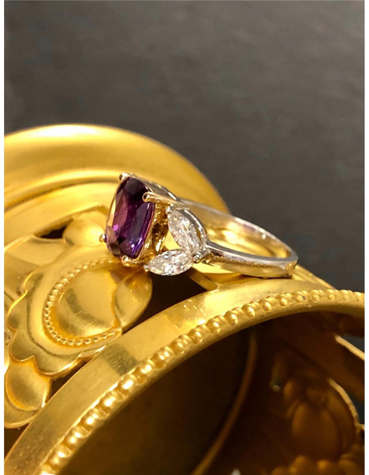 Estate Platinum 18k GIA No Heat Cushion Purple Sapphire Diamond Ring In Good Condition For Sale In Winter Springs, FL