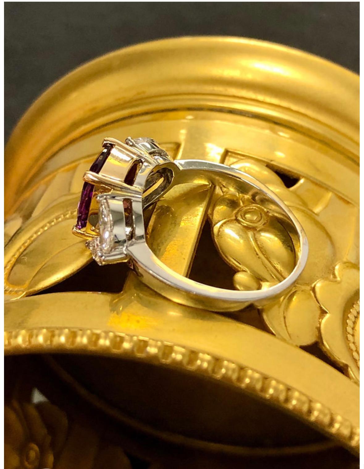 Women's Estate Platinum 18k GIA No Heat Cushion Purple Sapphire Diamond Ring For Sale