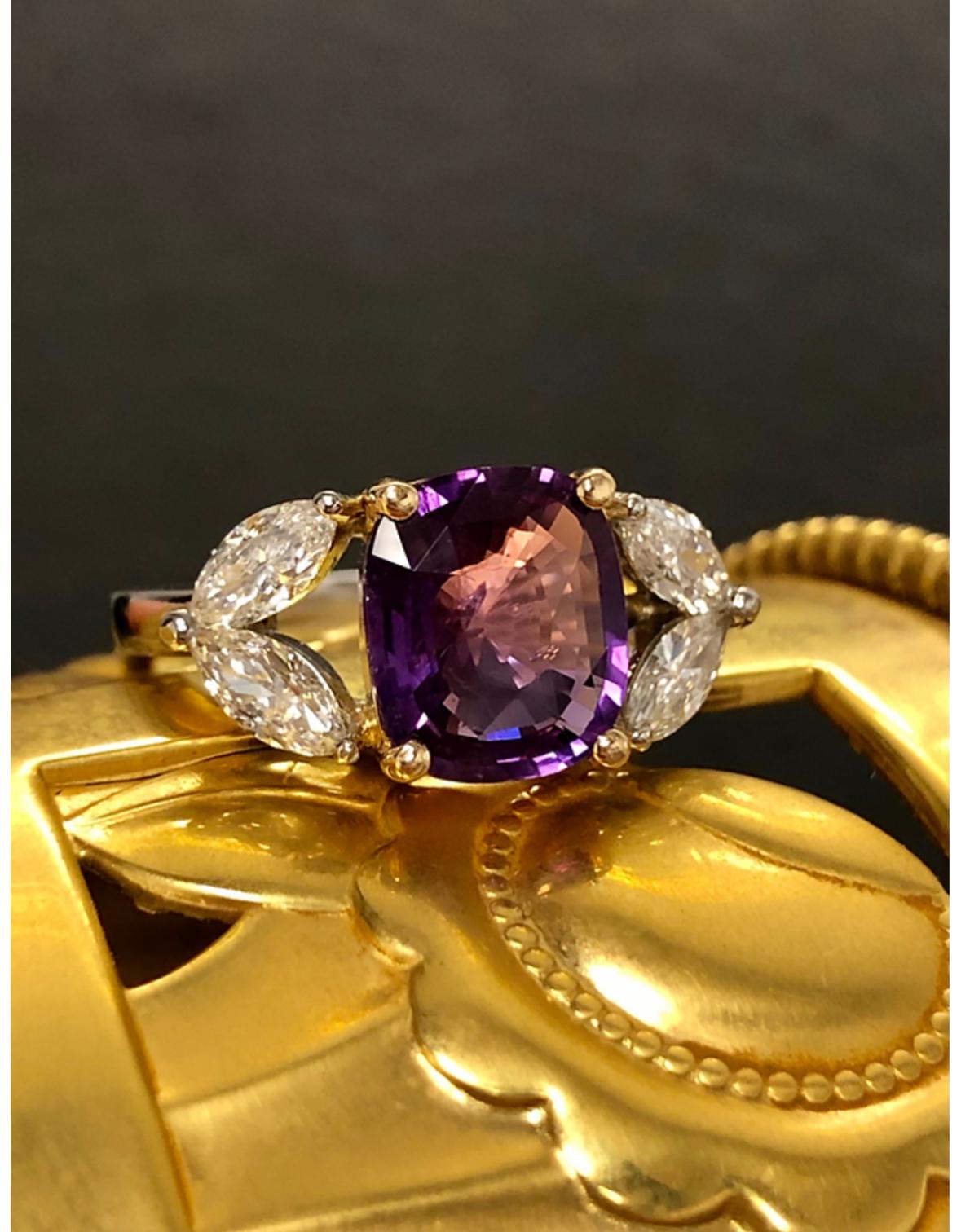 Estate Platinum 18k GIA No Heat Cushion Purple Sapphire Diamond Ring For Sale 1