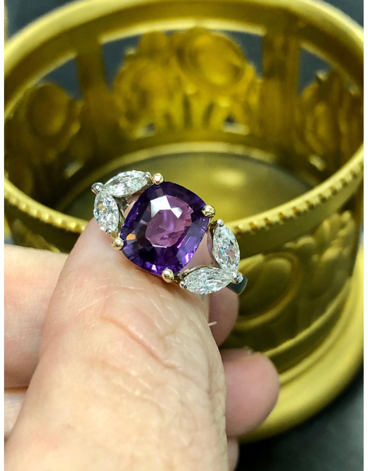 Estate Platinum 18k GIA No Heat Cushion Purple Sapphire Diamond Ring For Sale 2