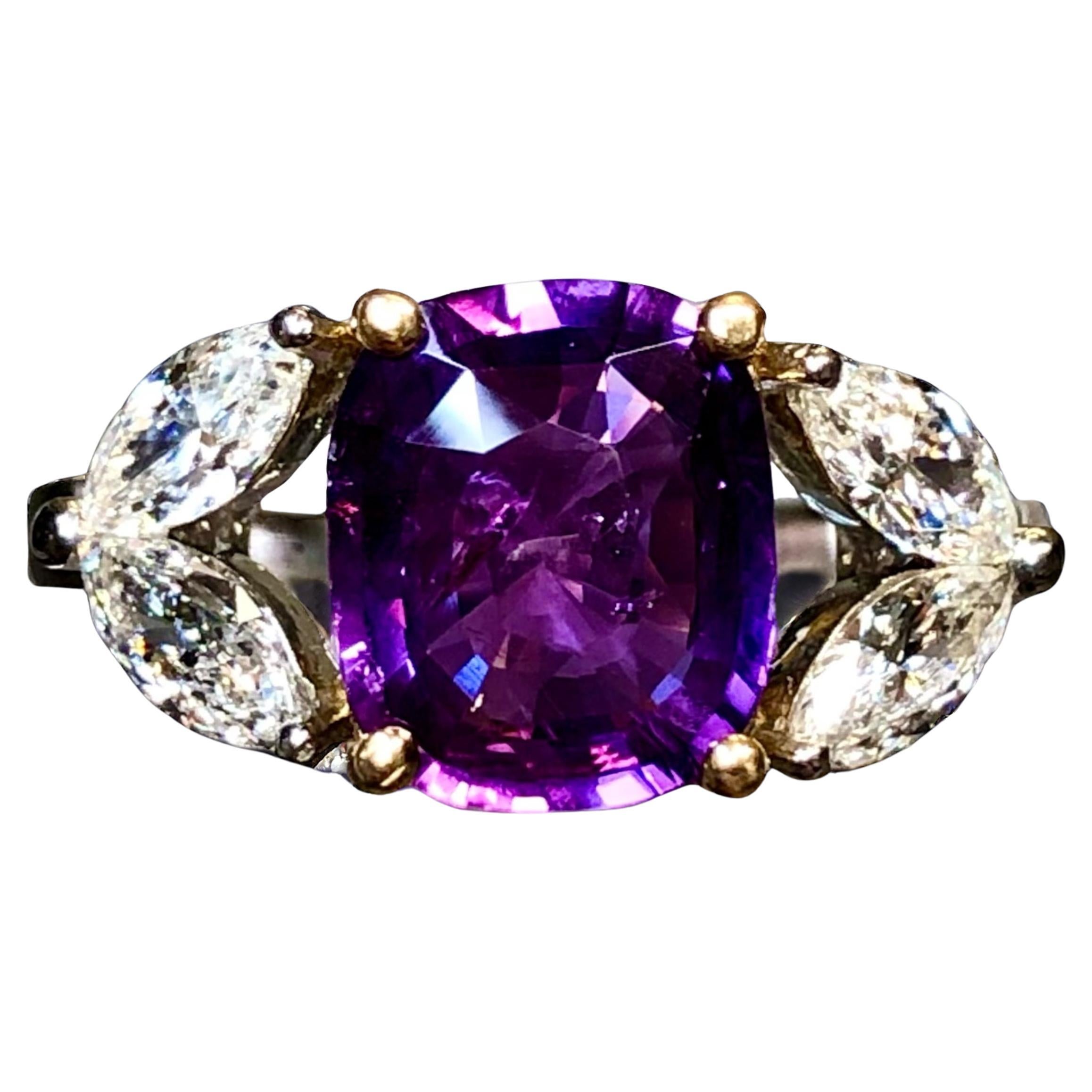 Estate Platinum 18k GIA No Heat Cushion Purple Sapphire Diamond Ring