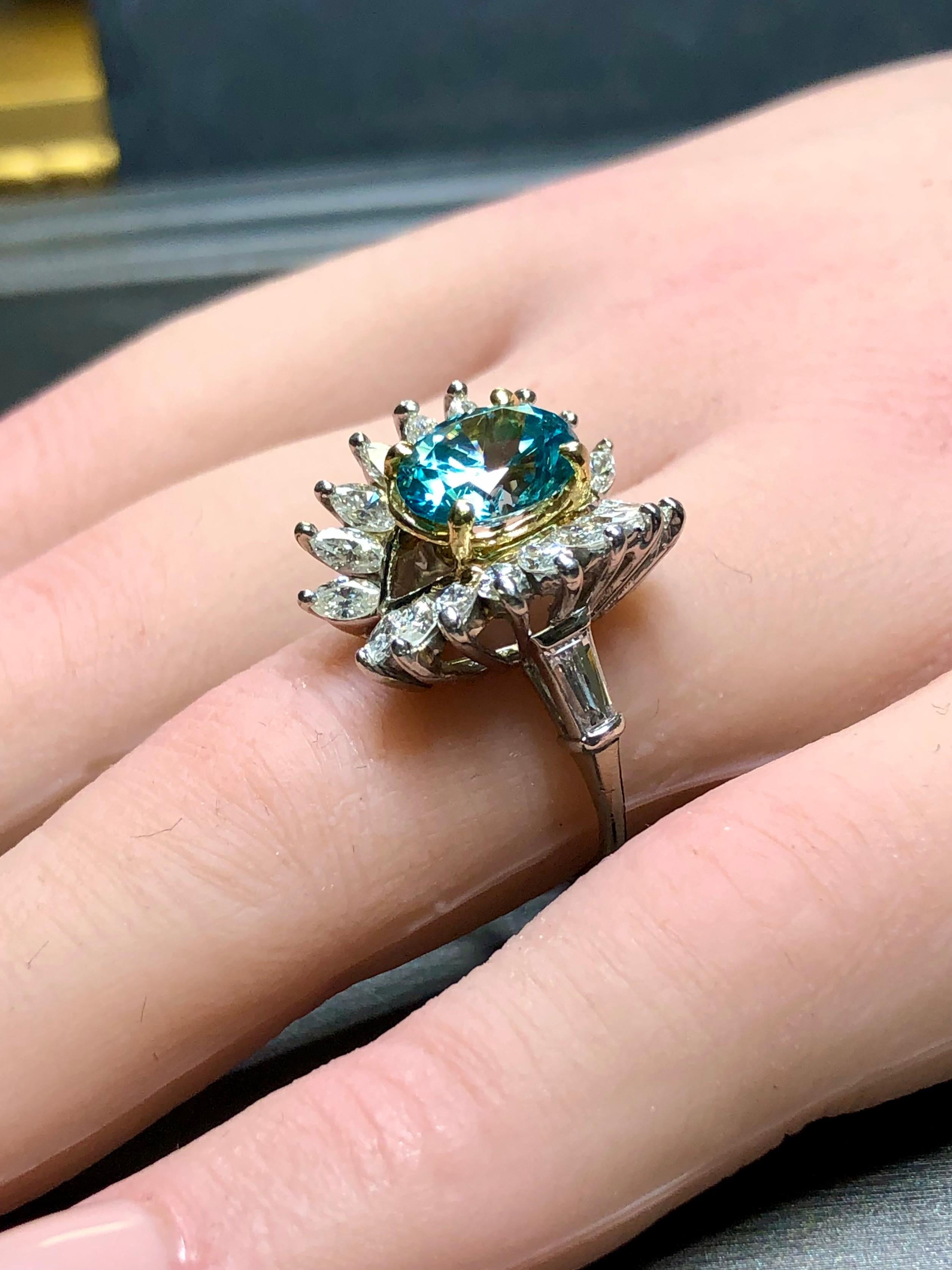 Estate Platinum 18K Marquise Diamond Blue Zircon Cocktail Ring 5.93cttw Sz 6.5 For Sale 4