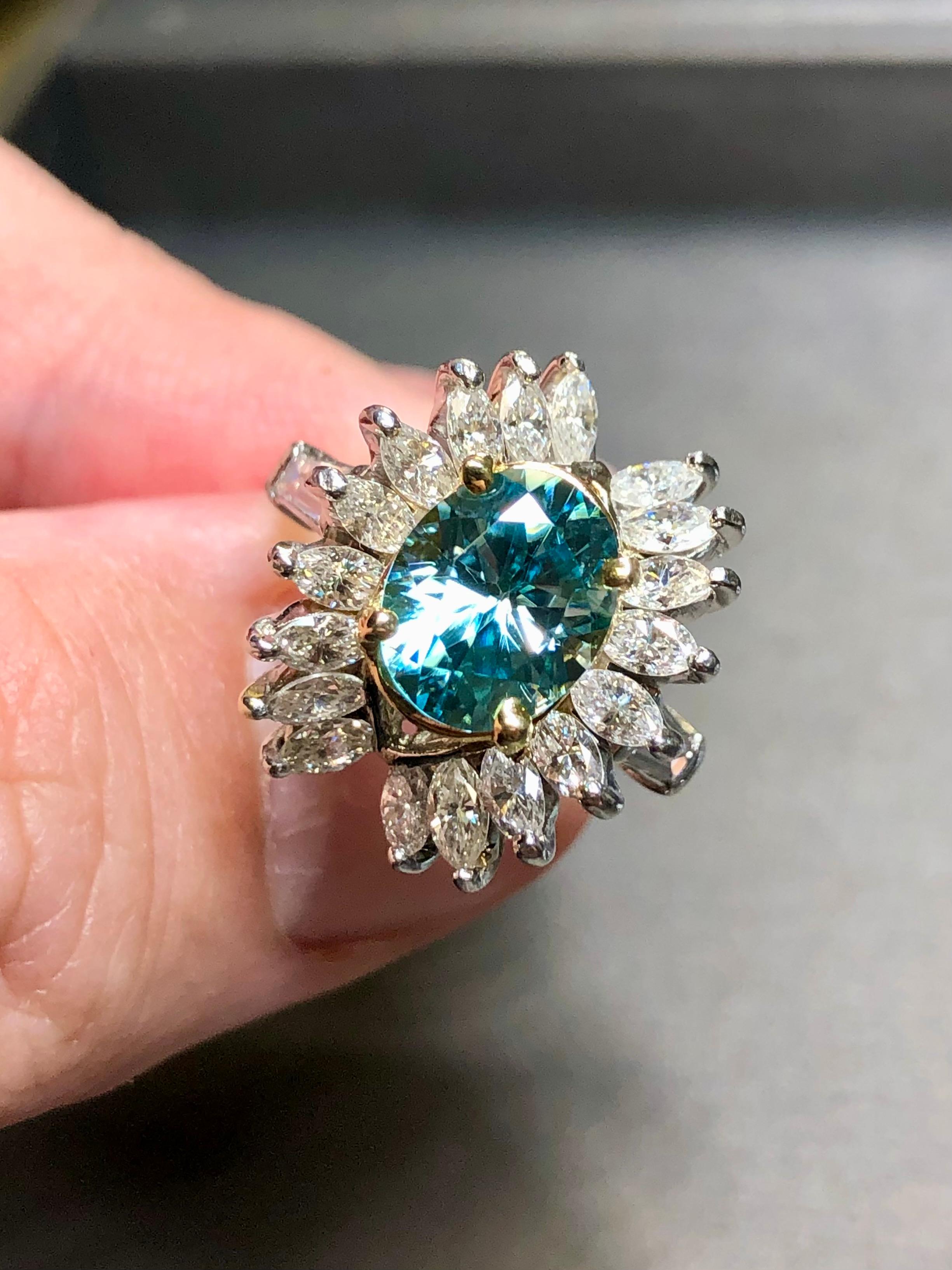 Estate Platinum 18K Marquise Diamond Blue Zircon Cocktail Ring 5.93cttw Sz 6.5 In Good Condition For Sale In Winter Springs, FL