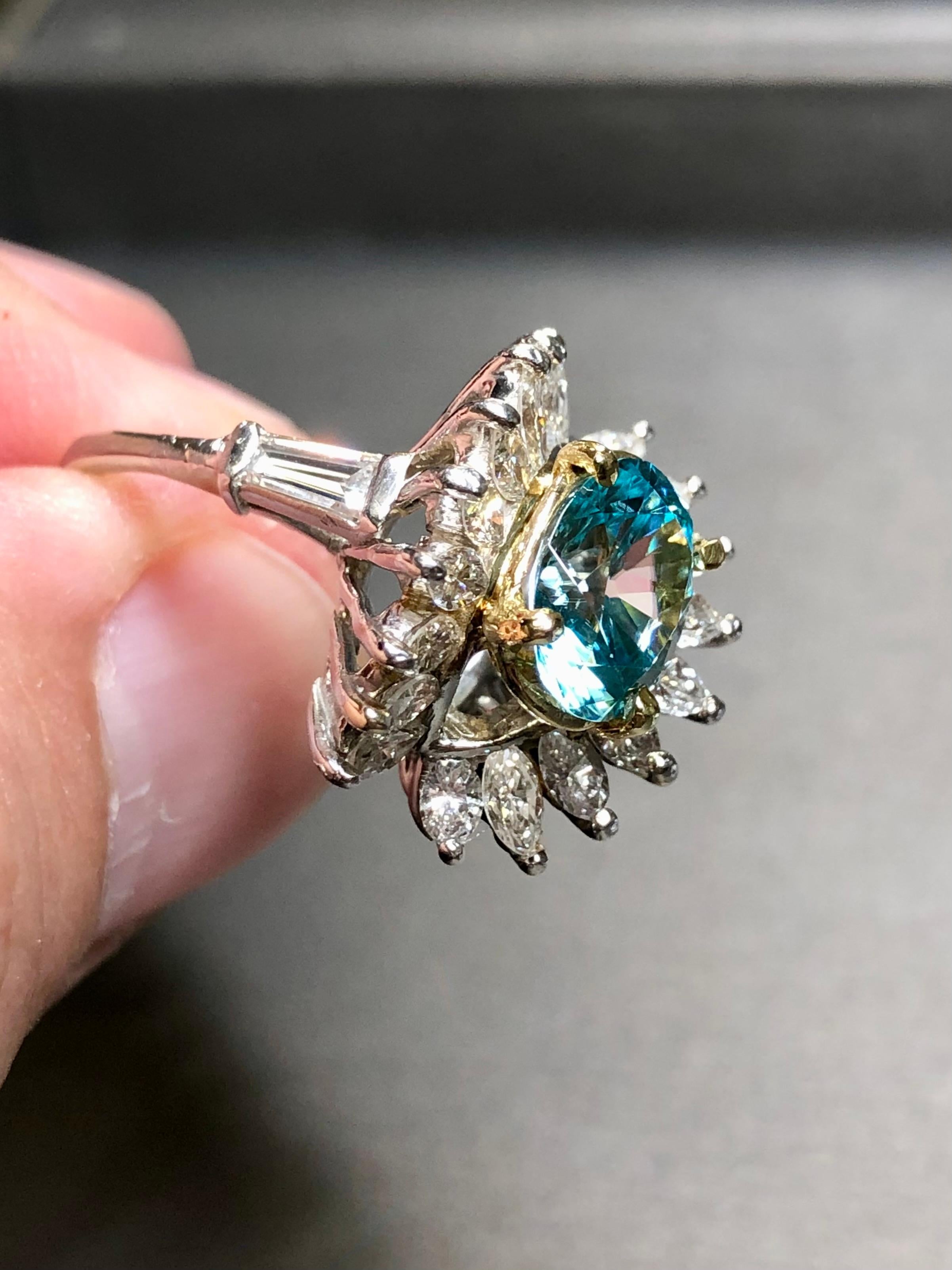 Women's or Men's Estate Platinum 18K Marquise Diamond Blue Zircon Cocktail Ring 5.93cttw Sz 6.5 For Sale