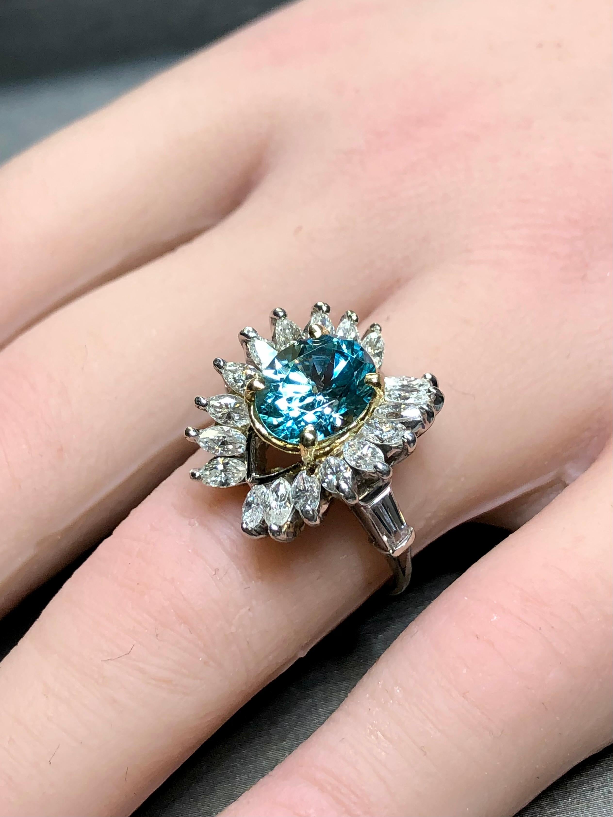 Estate Platinum 18K Marquise Diamond Blue Zircon Cocktail Ring 5.93cttw Sz 6.5 For Sale 2