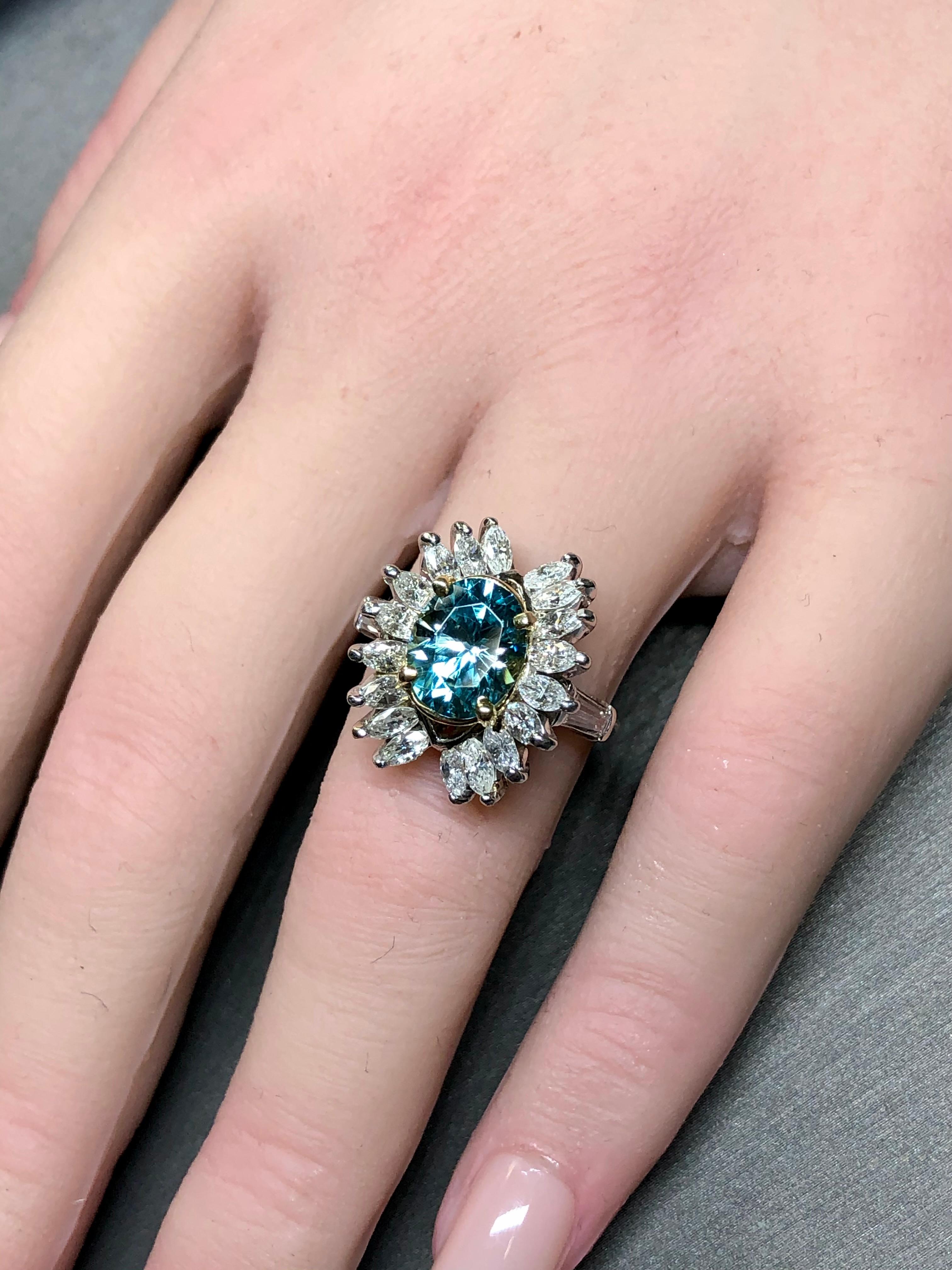 Estate Platinum 18K Marquise Diamond Blue Zircon Cocktail Ring 5.93cttw Sz 6.5 For Sale 3