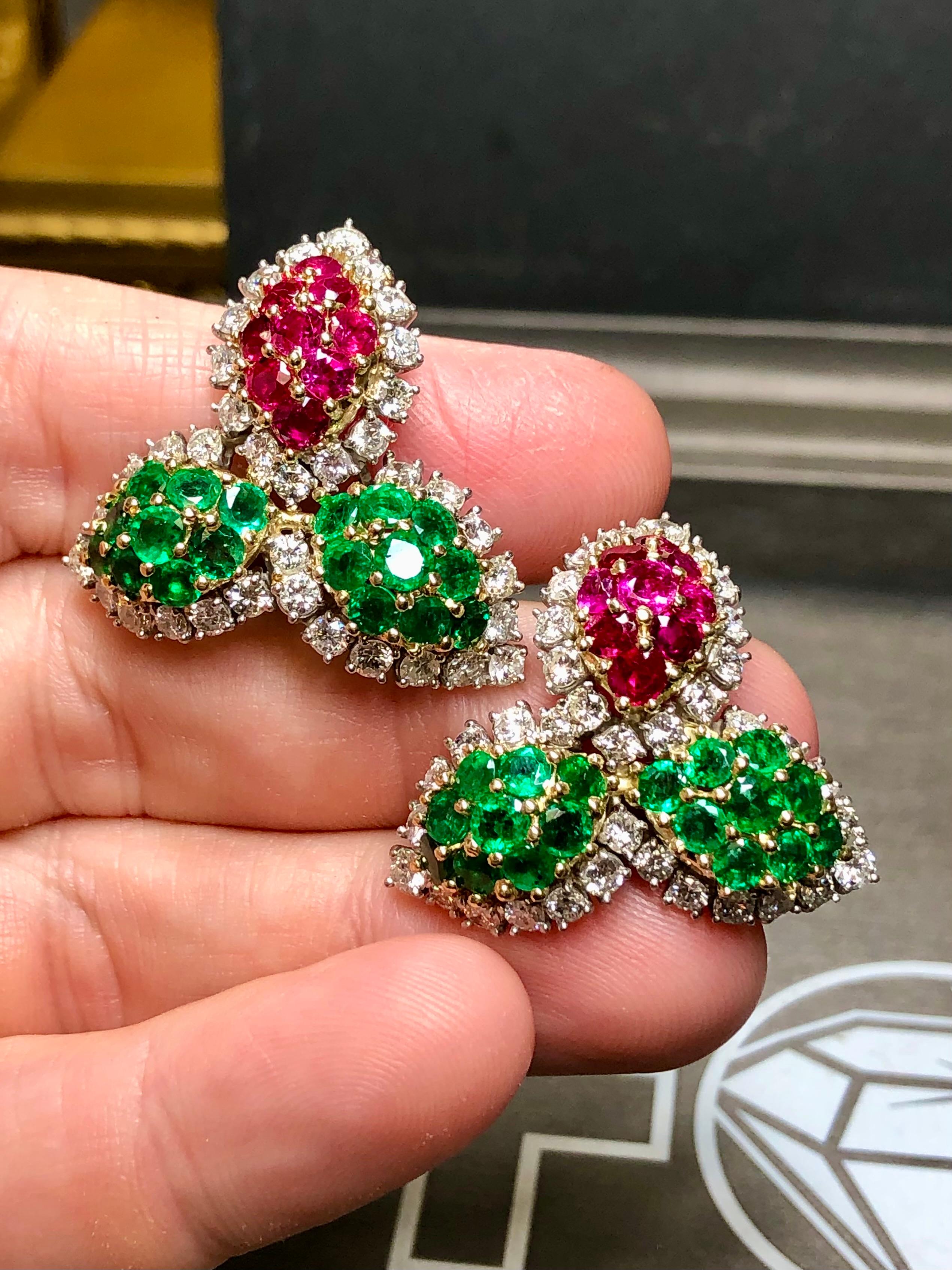 Estate Platinum 18K Ruby Emerald Diamond Leaf Omega Huggie Earrings 15.50ctw For Sale 4