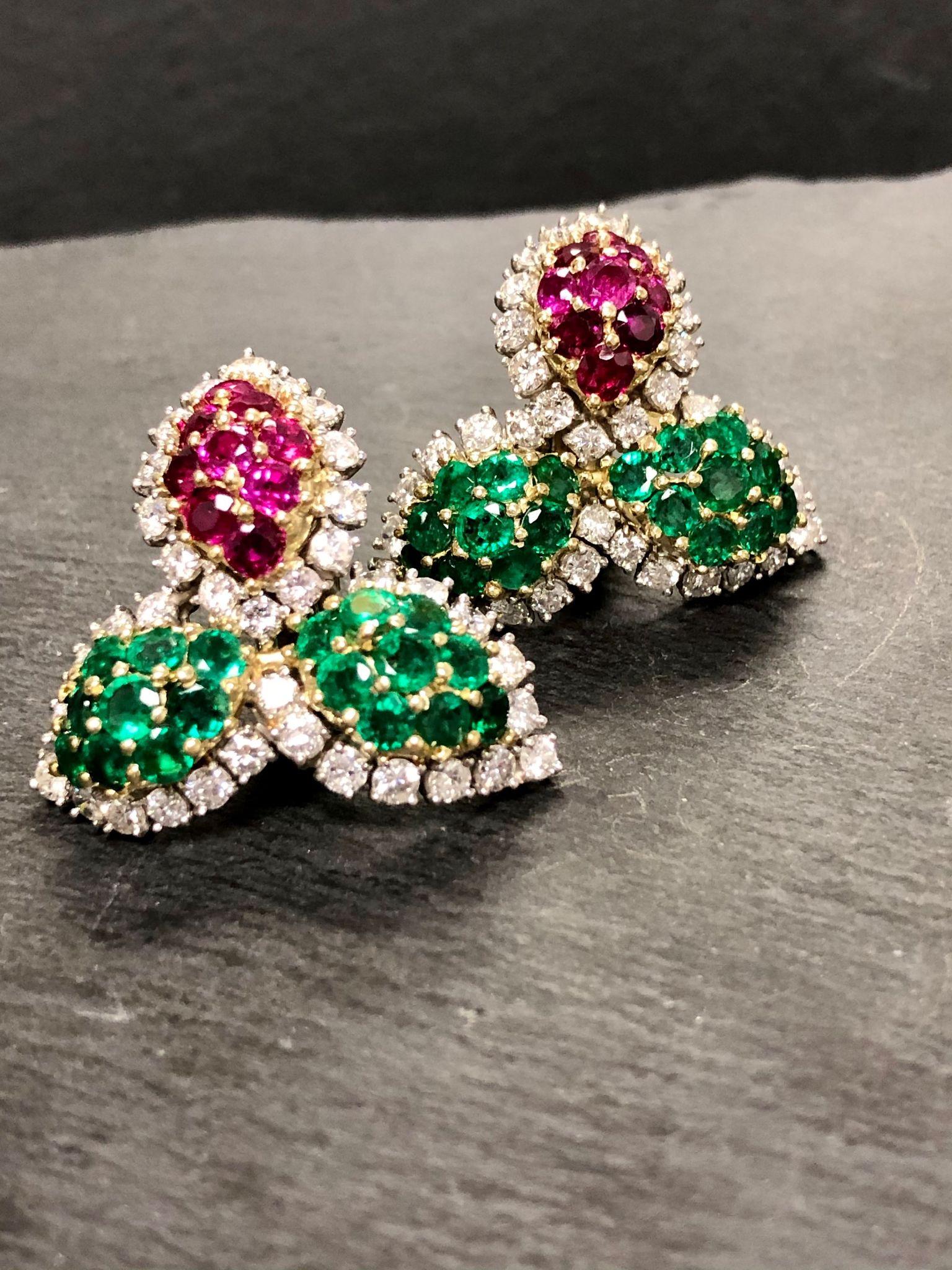 Contemporary Estate Platinum 18K Ruby Emerald Diamond Leaf Earrings For Sale