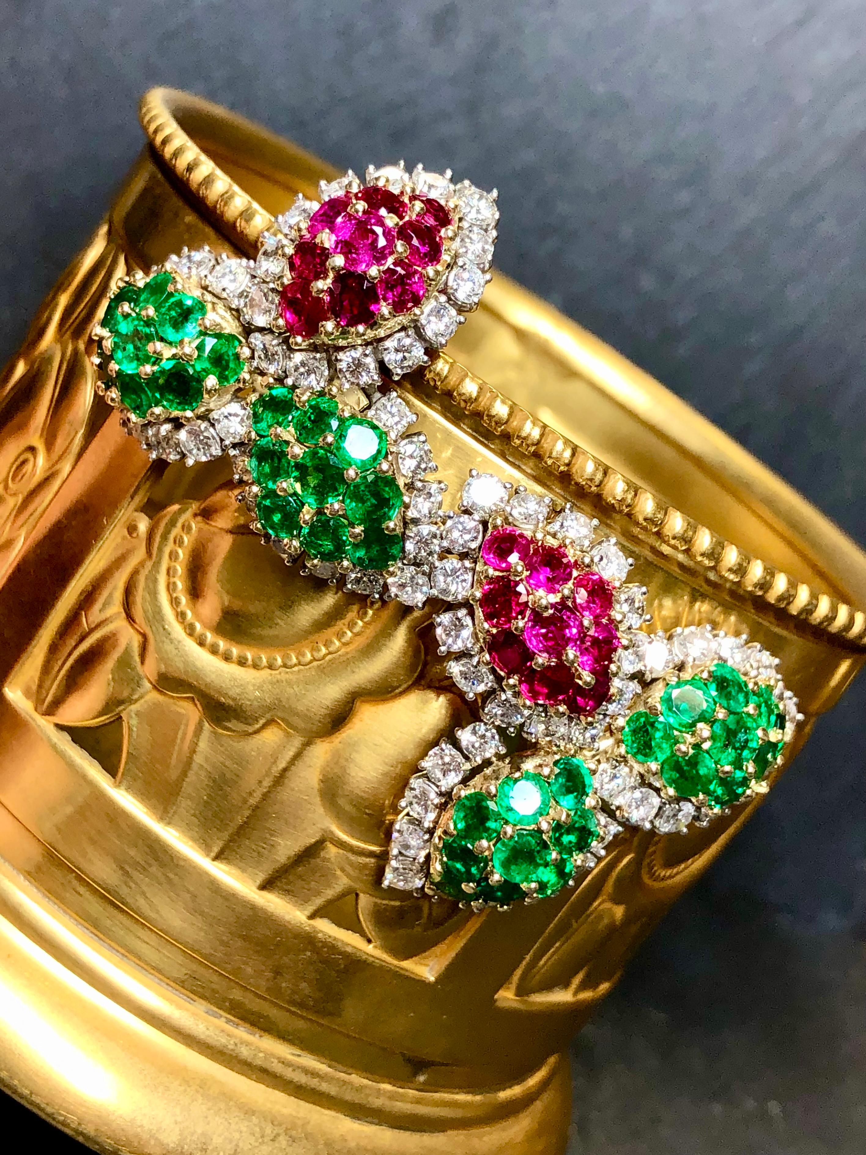 Contemporary Estate Platinum 18K Ruby Emerald Diamond Leaf Omega Huggie Earrings 15.50ctw For Sale