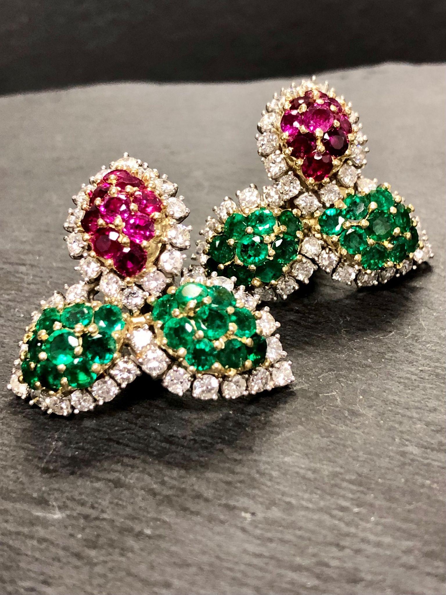 Emerald Cut Estate Platinum 18K Ruby Emerald Diamond Leaf Earrings For Sale