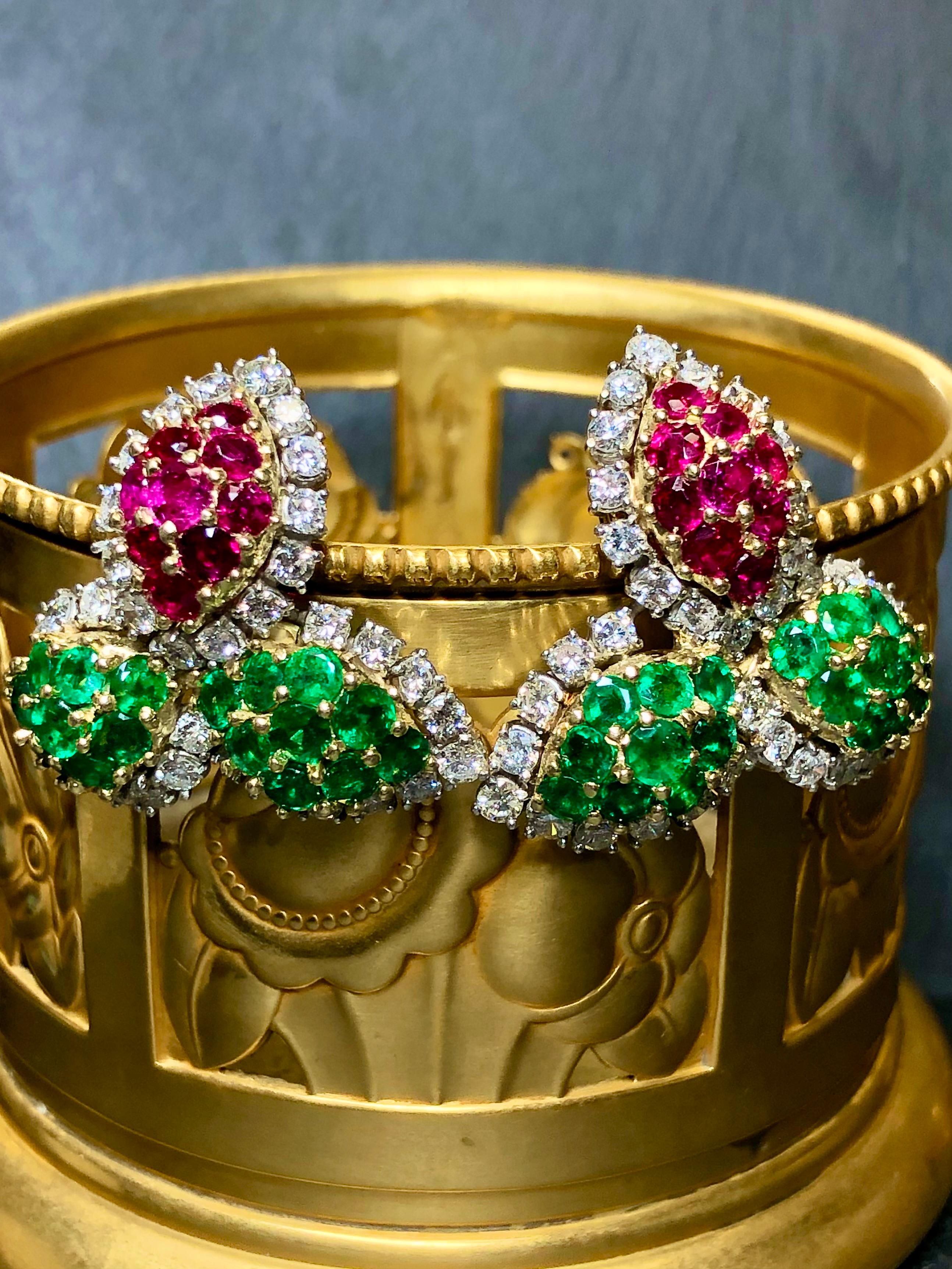 Emerald Cut Estate Platinum 18K Ruby Emerald Diamond Leaf Omega Huggie Earrings 15.50ctw For Sale