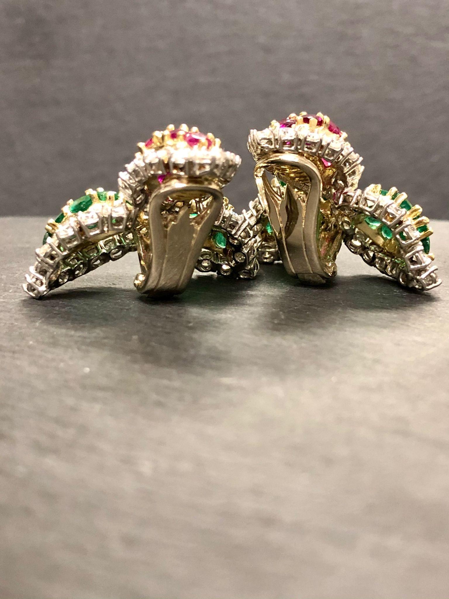 Estate Platinum 18K Ruby Emerald Diamond Leaf Earrings In Good Condition For Sale In Winter Springs, FL