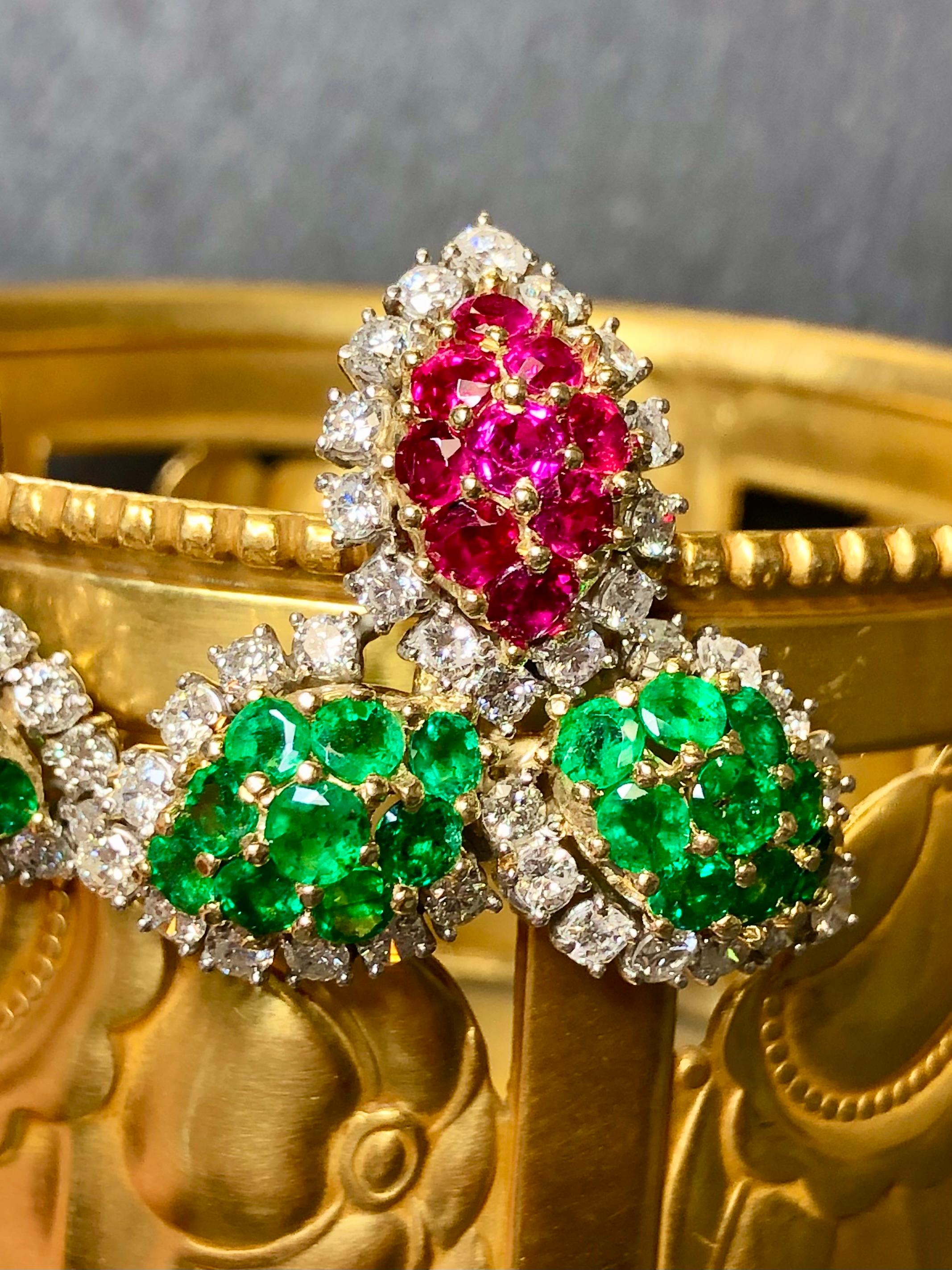 Estate Platinum 18K Ruby Emerald Diamond Leaf Omega Huggie Earrings 15.50ctw In Good Condition For Sale In Winter Springs, FL