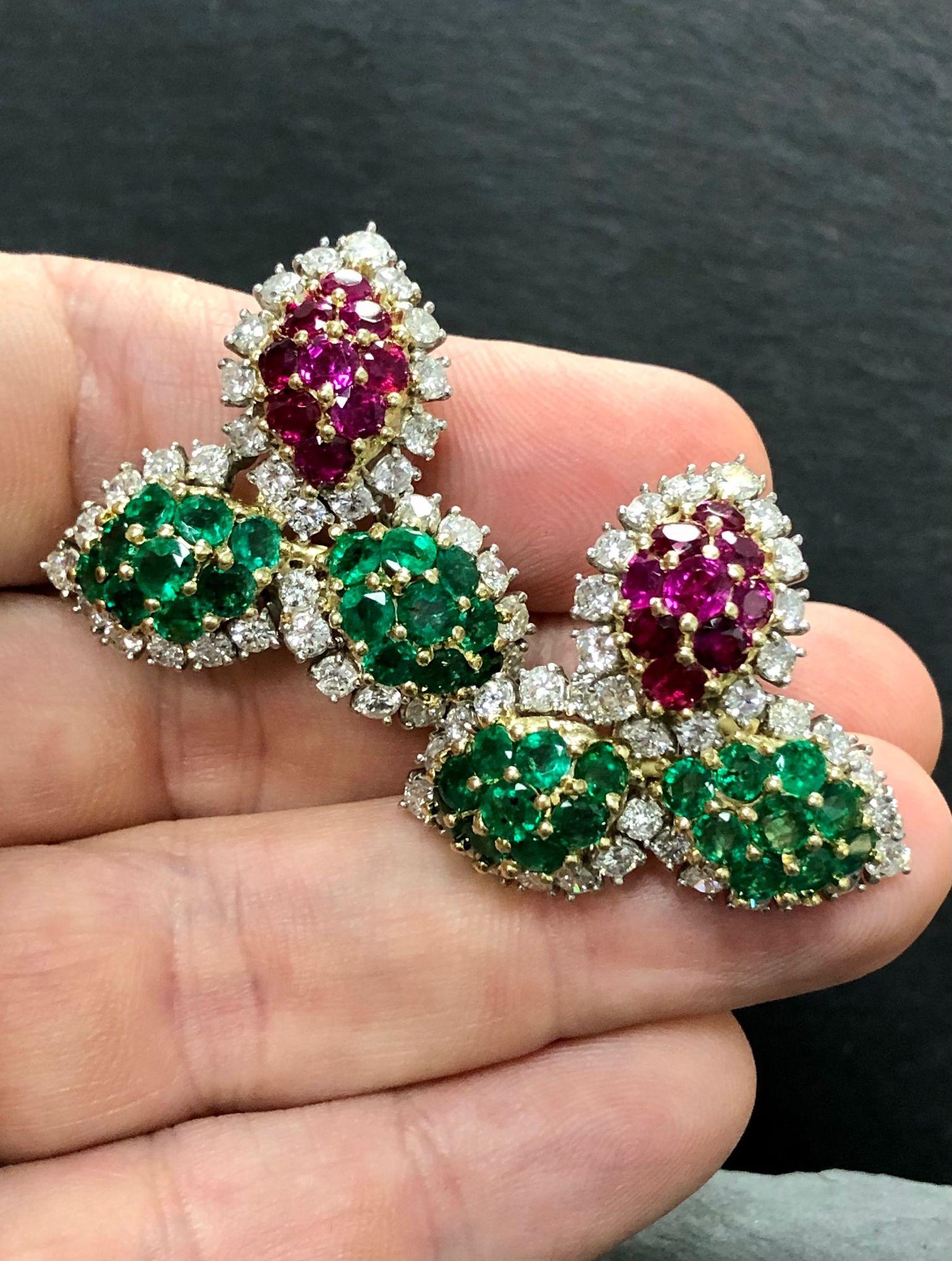 Women's or Men's Estate Platinum 18K Ruby Emerald Diamond Leaf Earrings For Sale