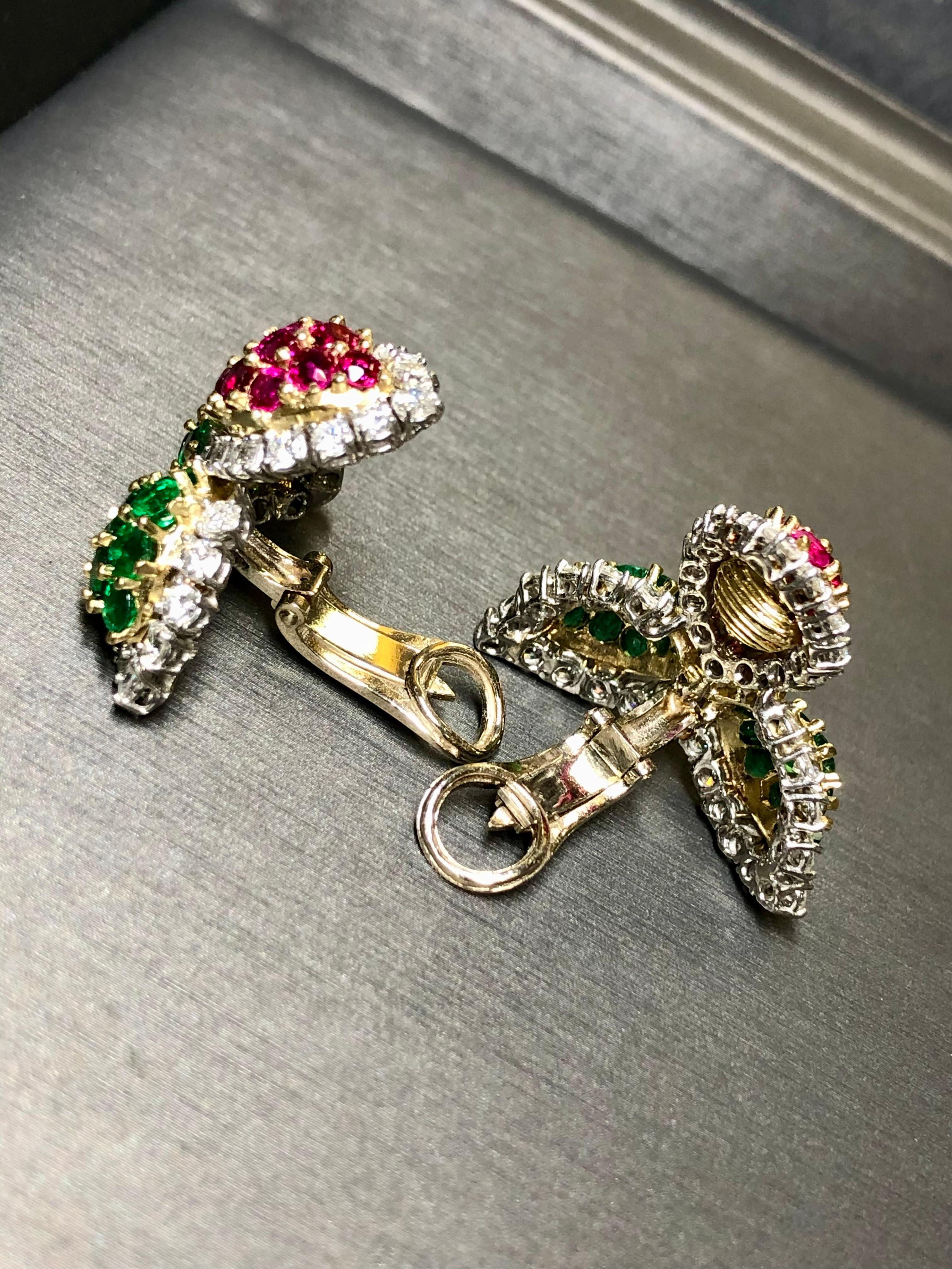 Women's or Men's Estate Platinum 18K Ruby Emerald Diamond Leaf Omega Huggie Earrings 15.50ctw For Sale