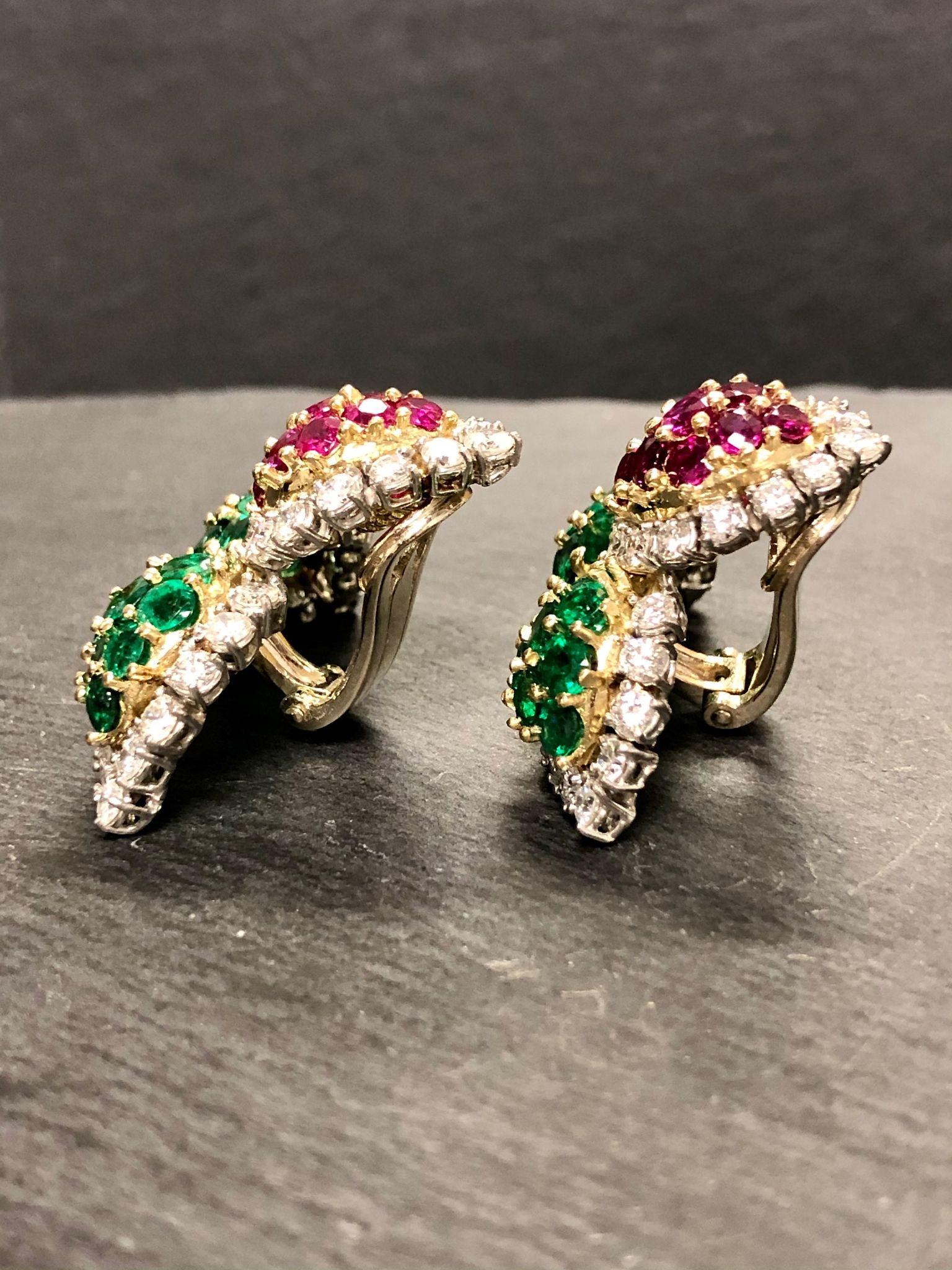 Estate Platinum 18K Ruby Emerald Diamond Leaf Earrings For Sale 1