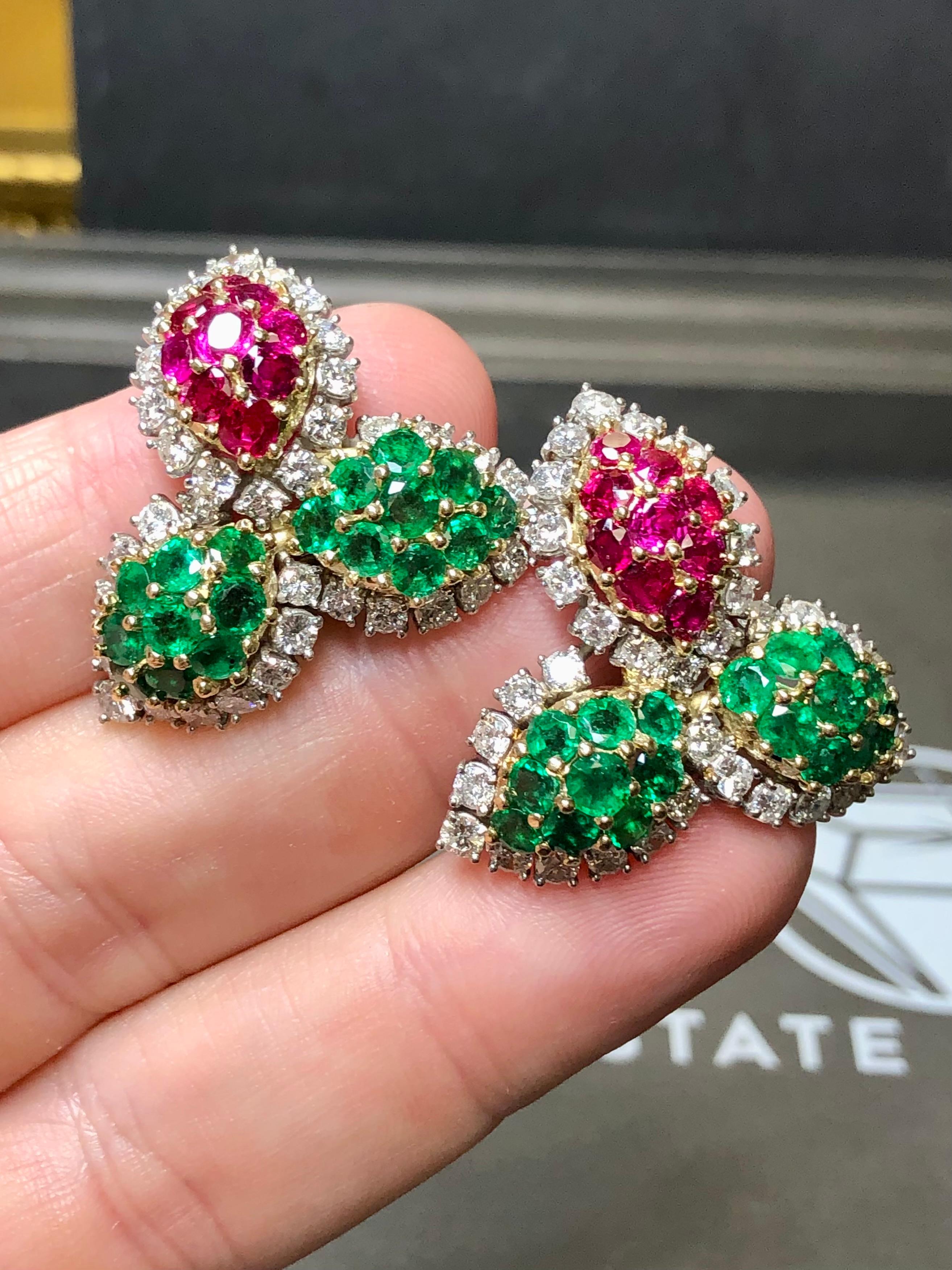 Estate Platinum 18K Ruby Emerald Diamond Leaf Omega Huggie Earrings 15.50ctw For Sale 1