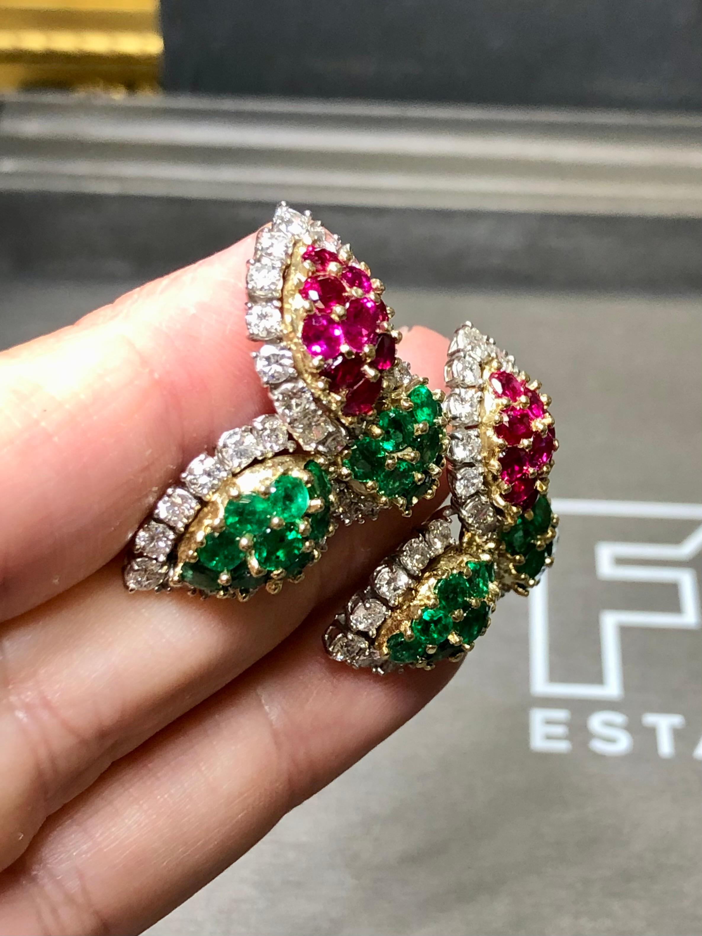 Estate Platinum 18K Ruby Emerald Diamond Leaf Omega Huggie Earrings 15.50ctw For Sale 2