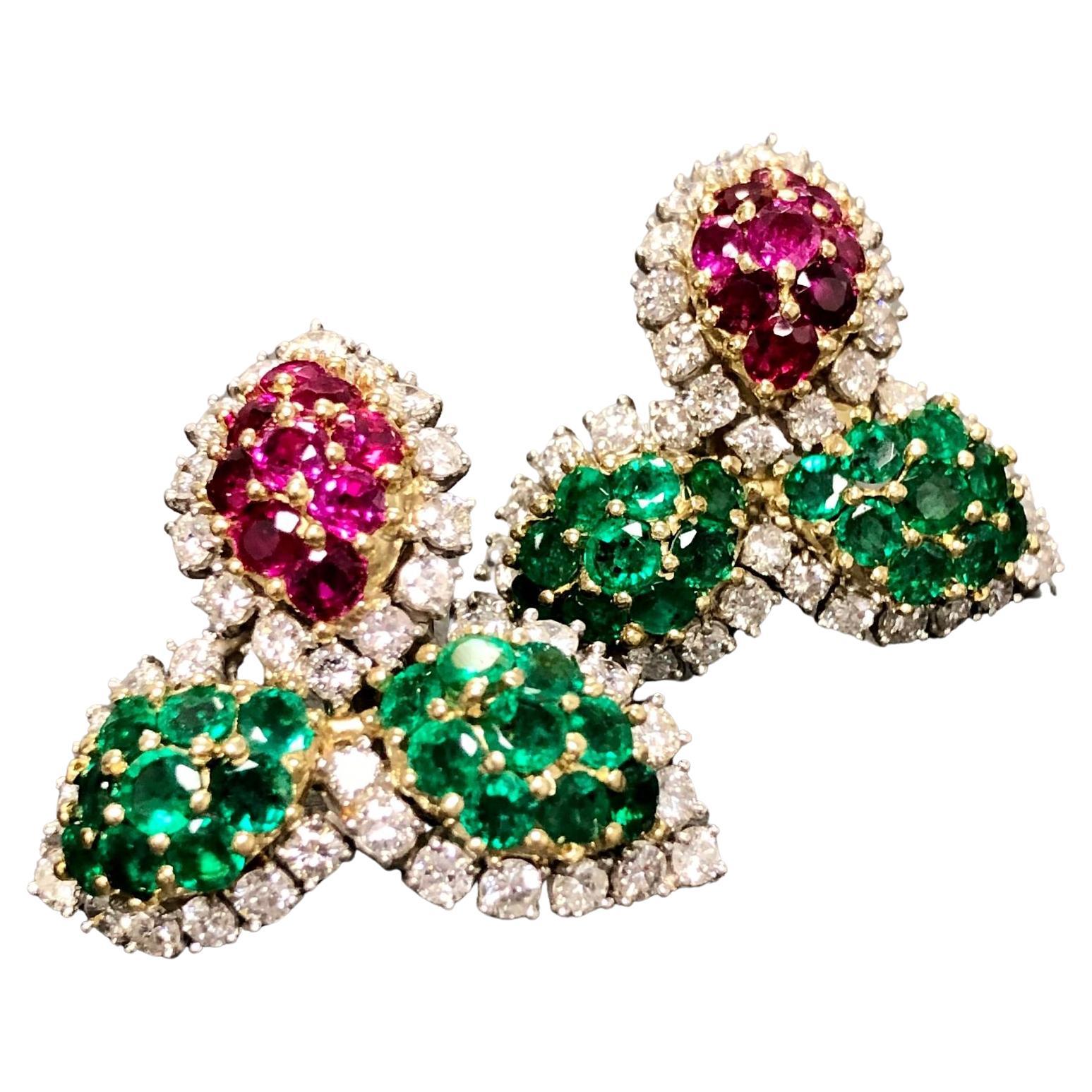 Estate Platinum 18K Ruby Emerald Diamond Leaf Earrings For Sale