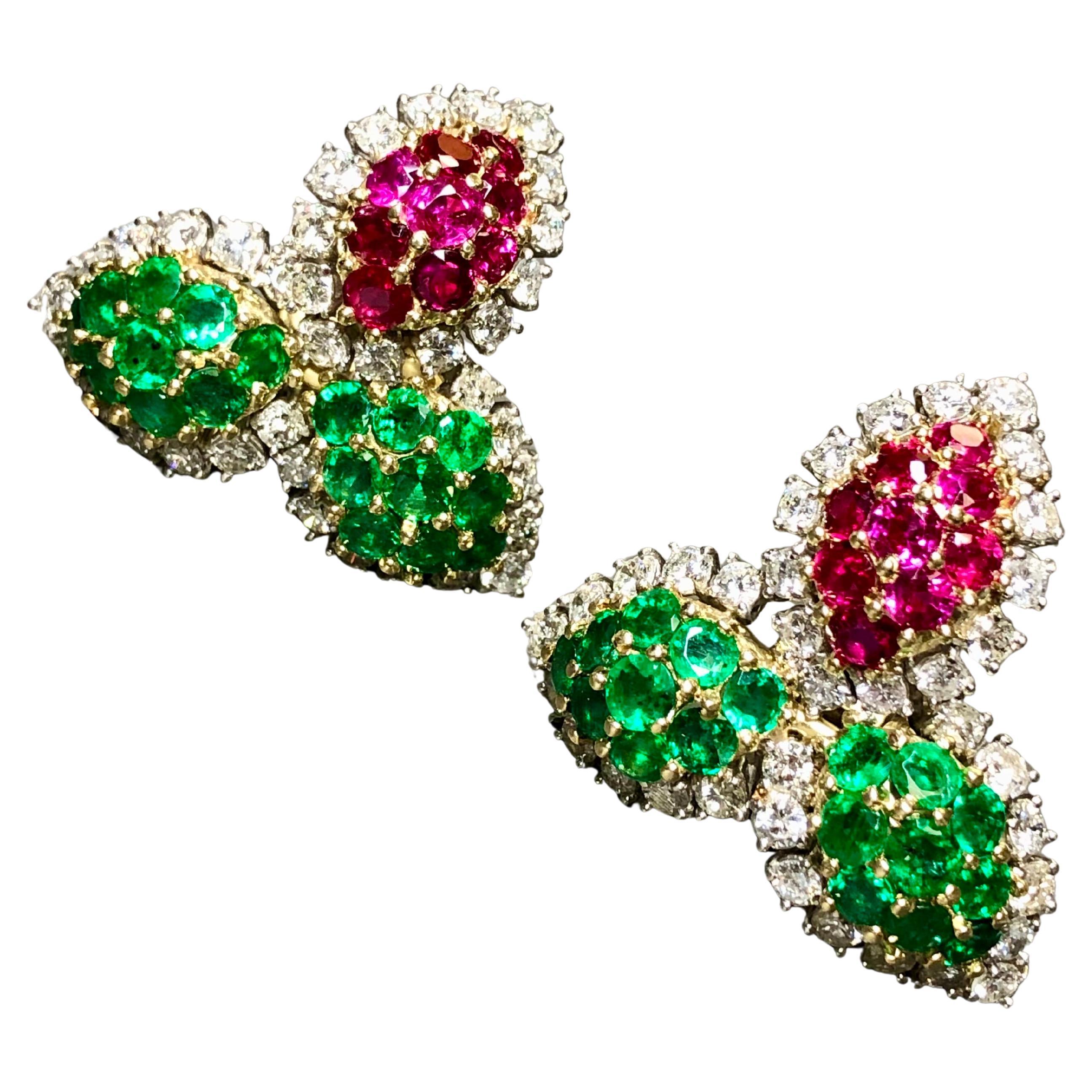 Estate Platinum 18K Ruby Emerald Diamond Leaf Omega Huggie Earrings 15.50ctw