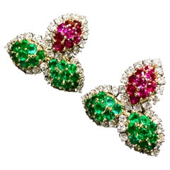 Nachlass Platin 18K Rubin Smaragd Diamant Blatt Omega Huggie Ohrringe 15,50ctw