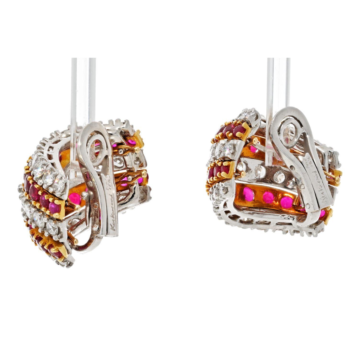Platin & 18 Karat Gelbgold Ohrringe mit 10 Karat Diamanten und Rubinen (Moderne)