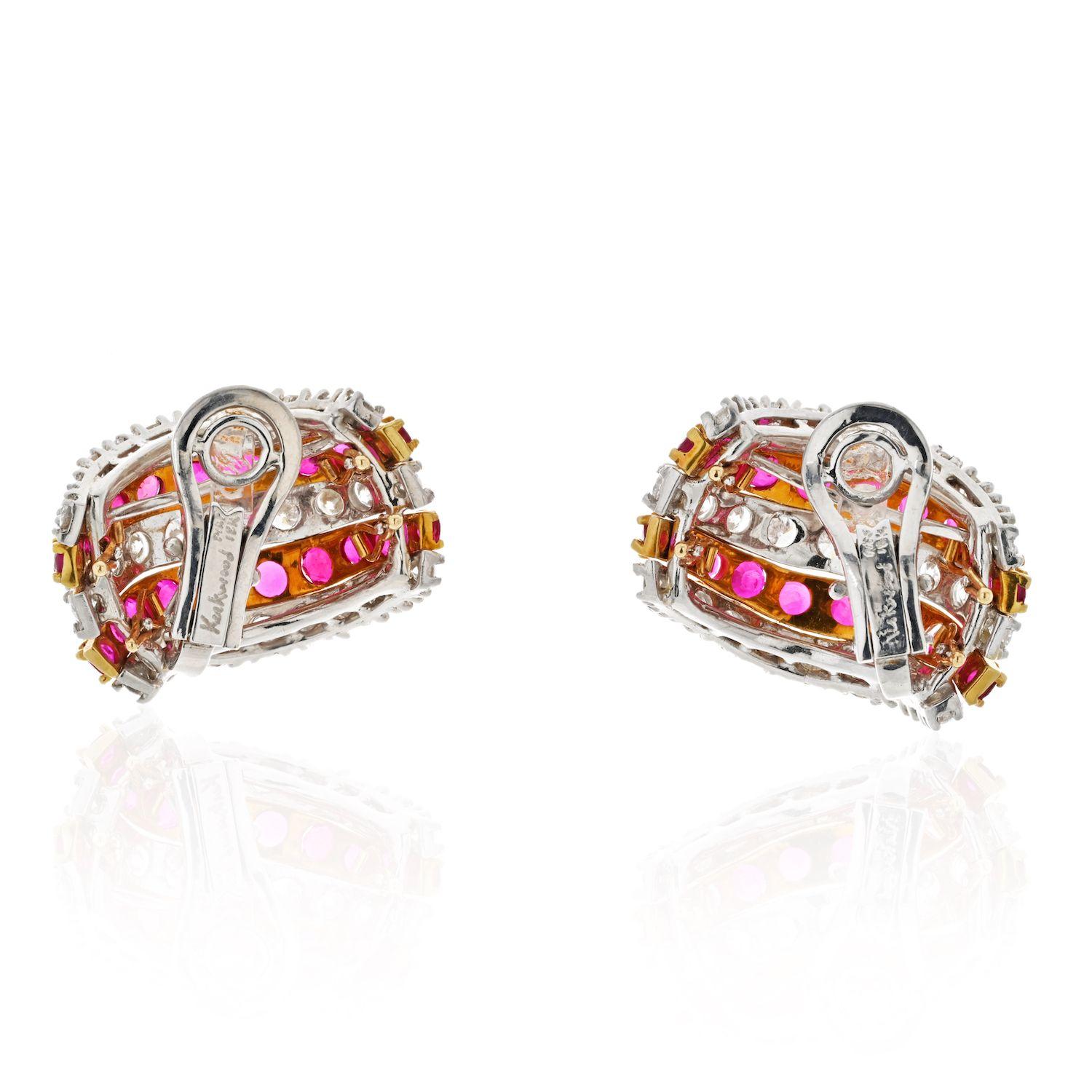 Platin & 18 Karat Gelbgold Ohrringe mit 10 Karat Diamanten und Rubinen (Rundschliff)