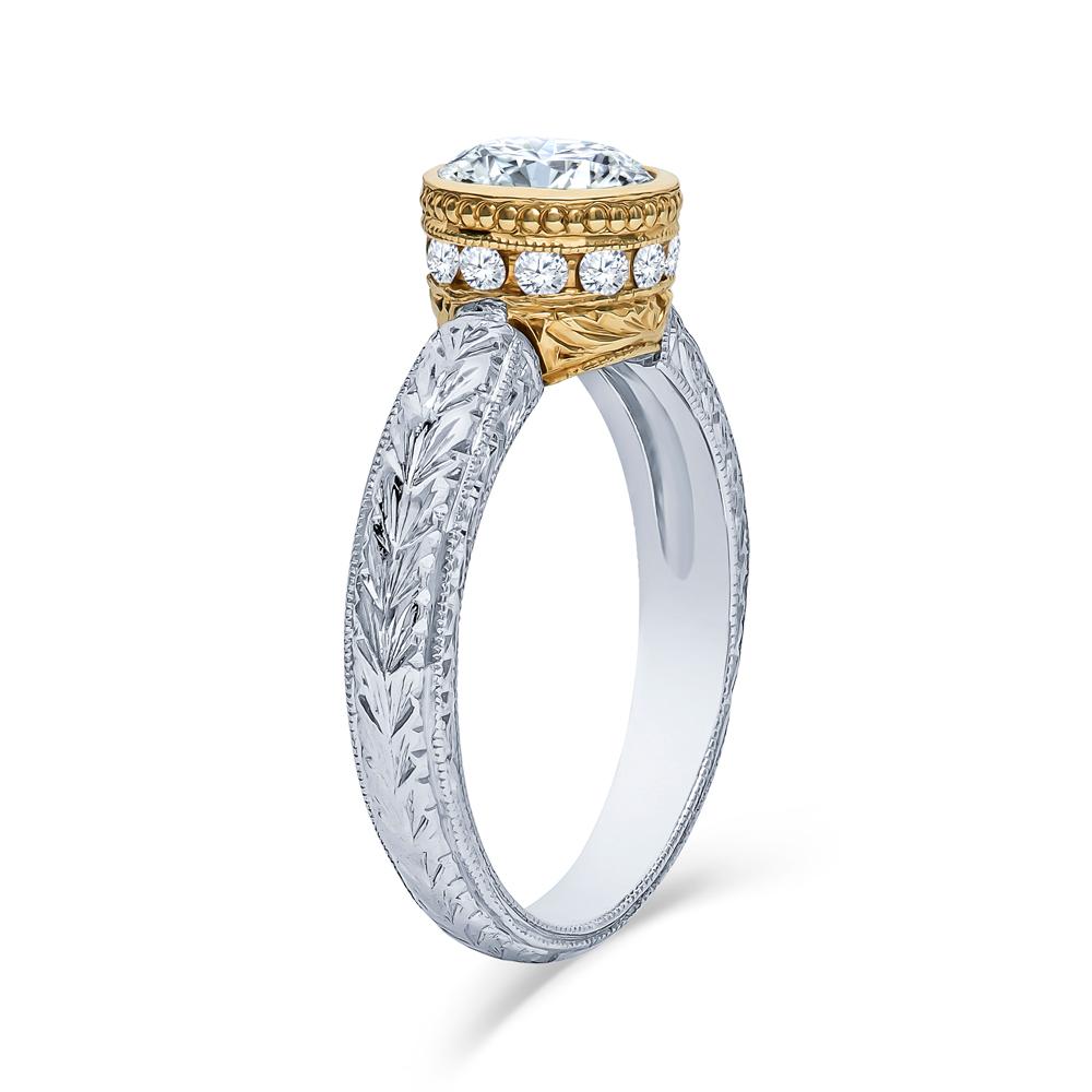 Estate Platinum 18K Yellow Gold 1.21 CTW Diamond Engagement Ring Size 6.5

One Round Brilliant Cut Natural Diamond, Weighing Approximately 1.00 Carat Total Weight. 
Color Grade: I-J
Clarity Grade: SI2

The Mounting Contains 14 Round Brilliant Cut